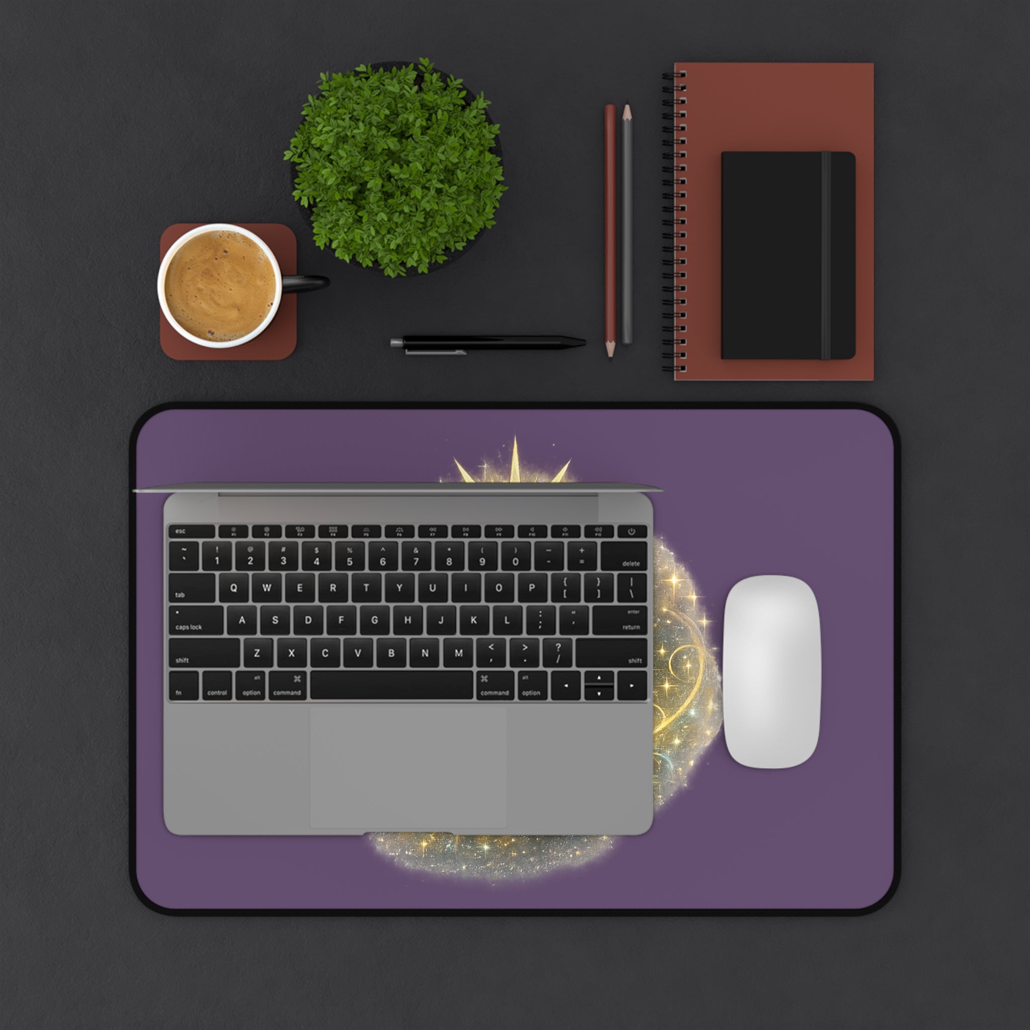 Radiate Joy Desk Mat — Inspirational Purple Mouse Pad with Golden Starburst Design - AURA BY RS ®