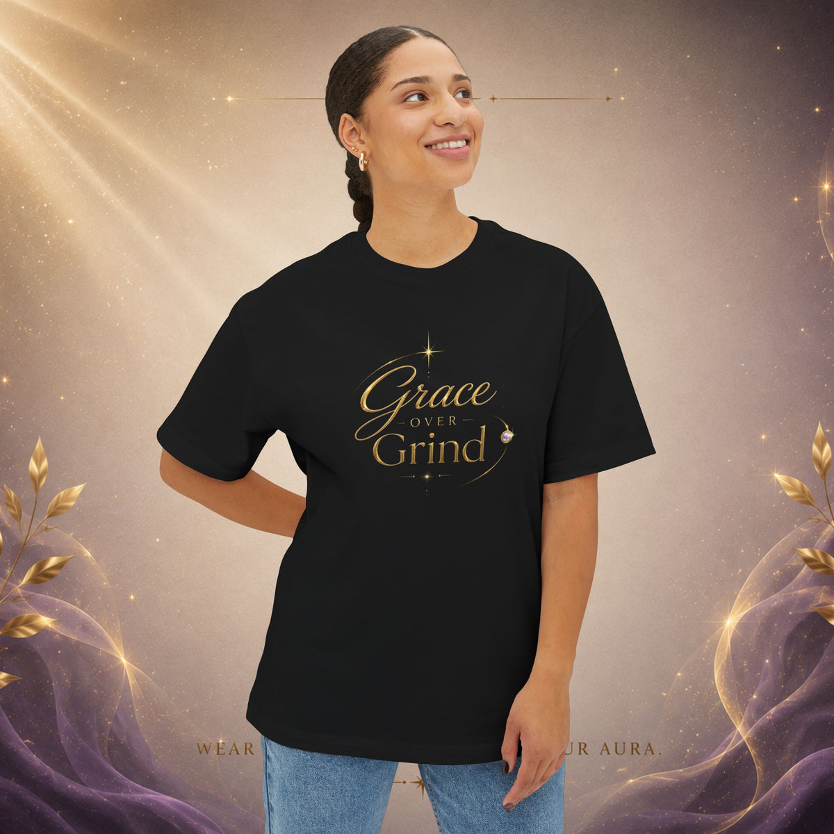 Grace Grind Graphic Tee — Feminine Gold Script Inspirational Shirt