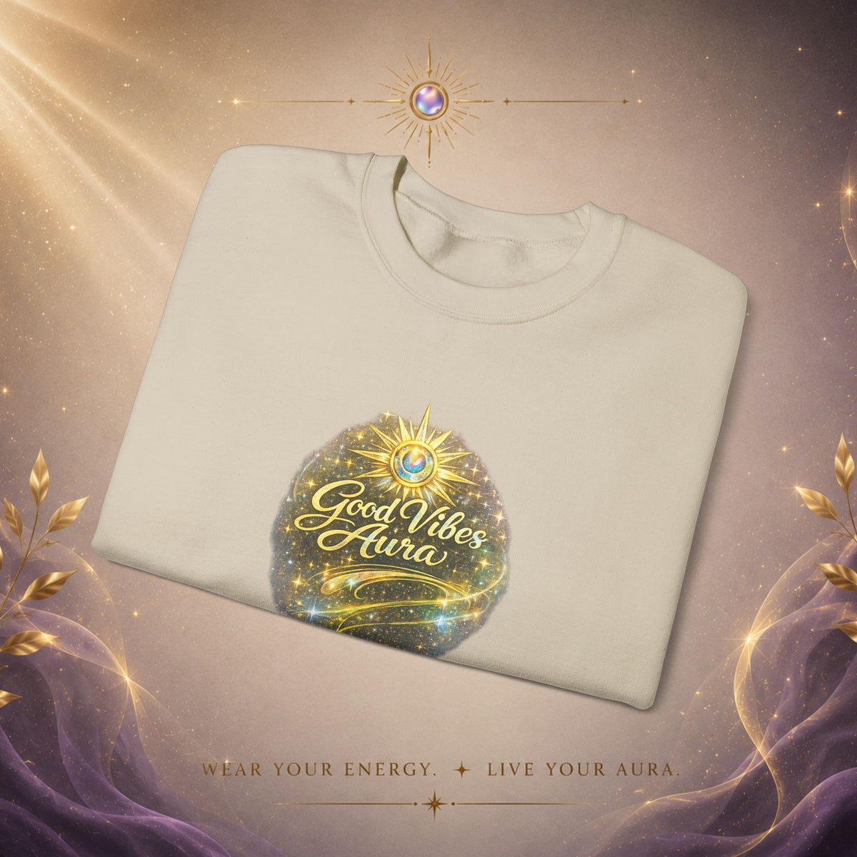 Crewneck Sweatshirt - 'Good Vibe Aura' Mystical Galaxy Graphic, Positive Vibes Cozy Pullover