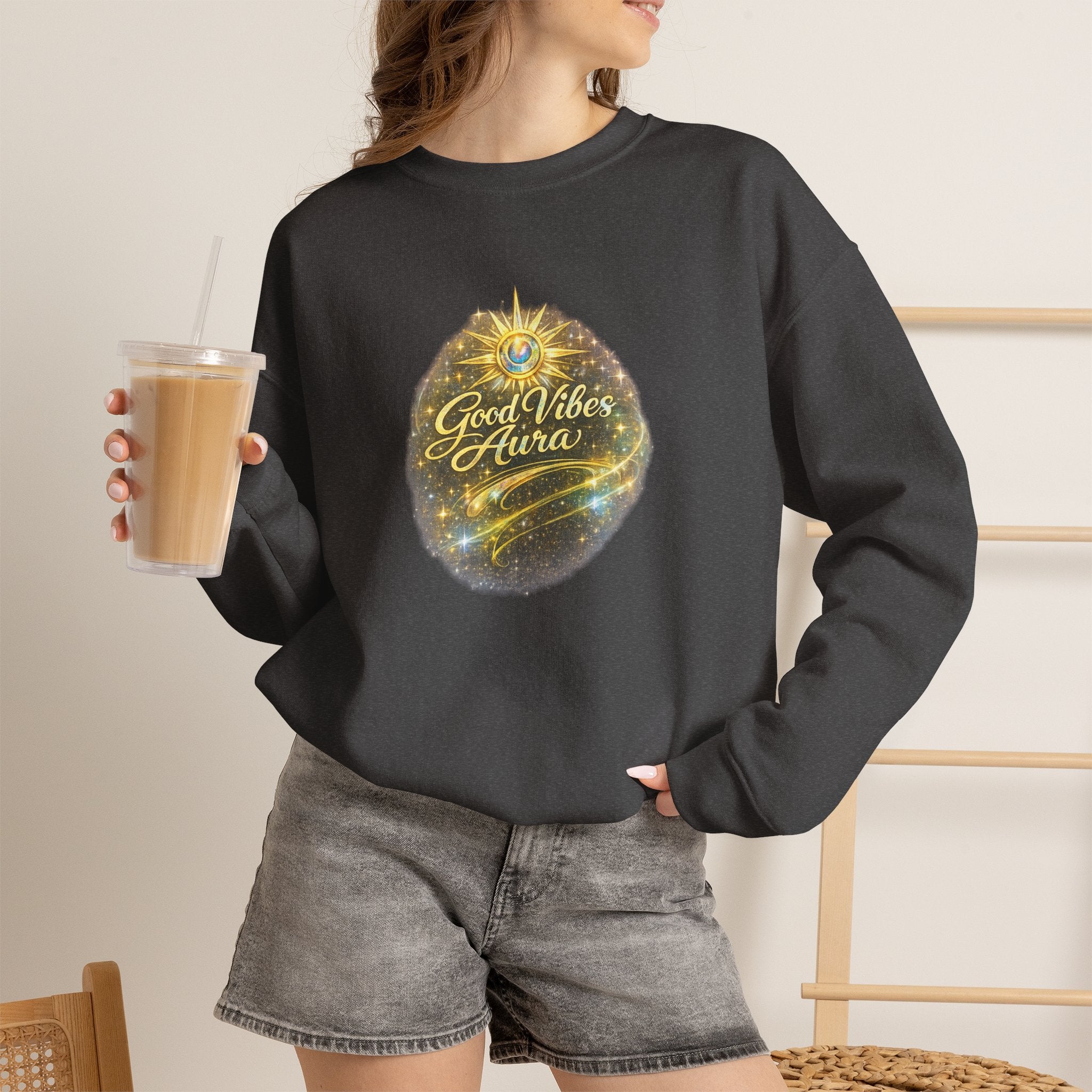 Crewneck Sweatshirt - 'Good Vibe Aura' Mystical Galaxy Graphic, Positive Vibes Cozy Pullover - AURA BY RS ®