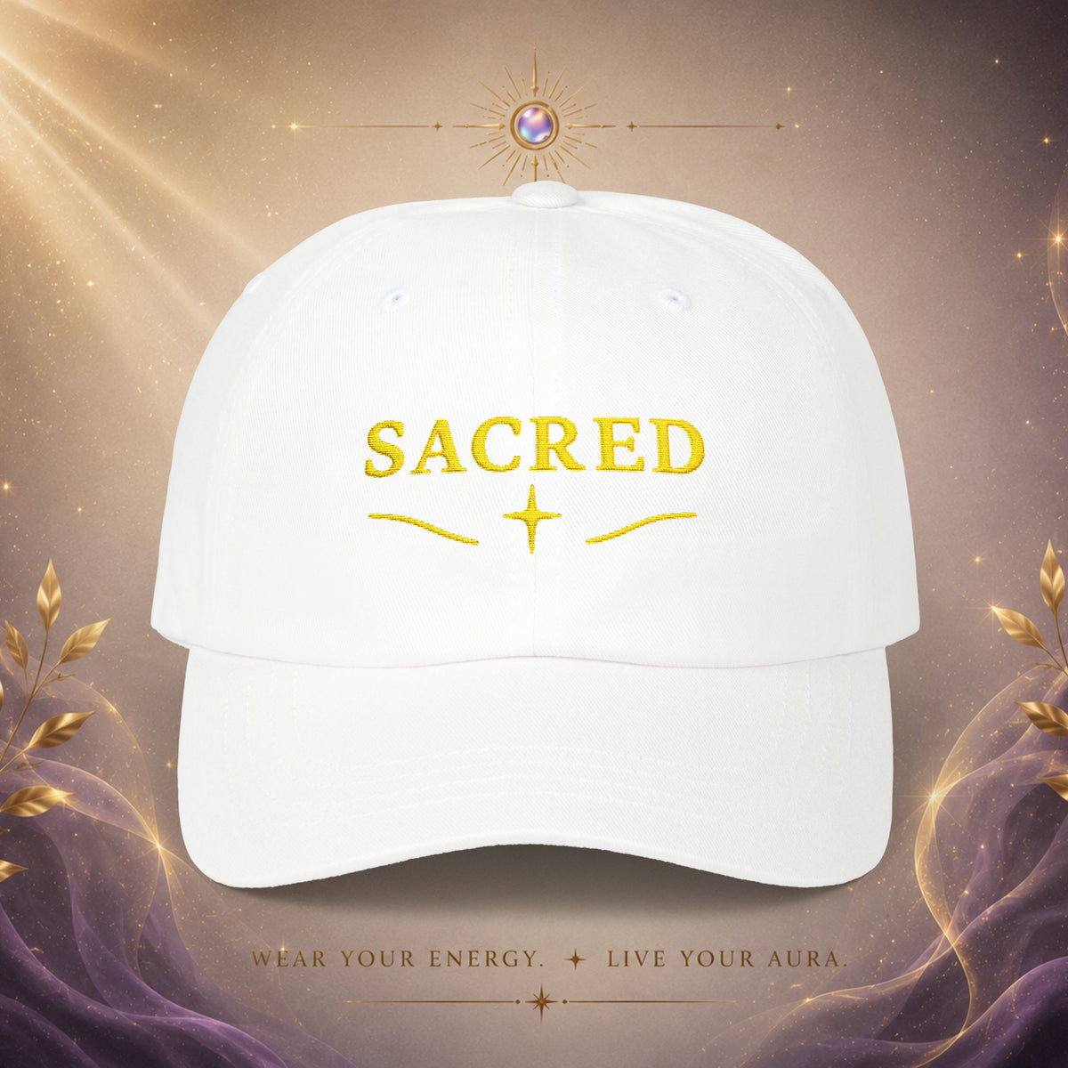 Sacred Embroidered  —  Adjustable Hat with Gold 'SACRED' Cross Accent