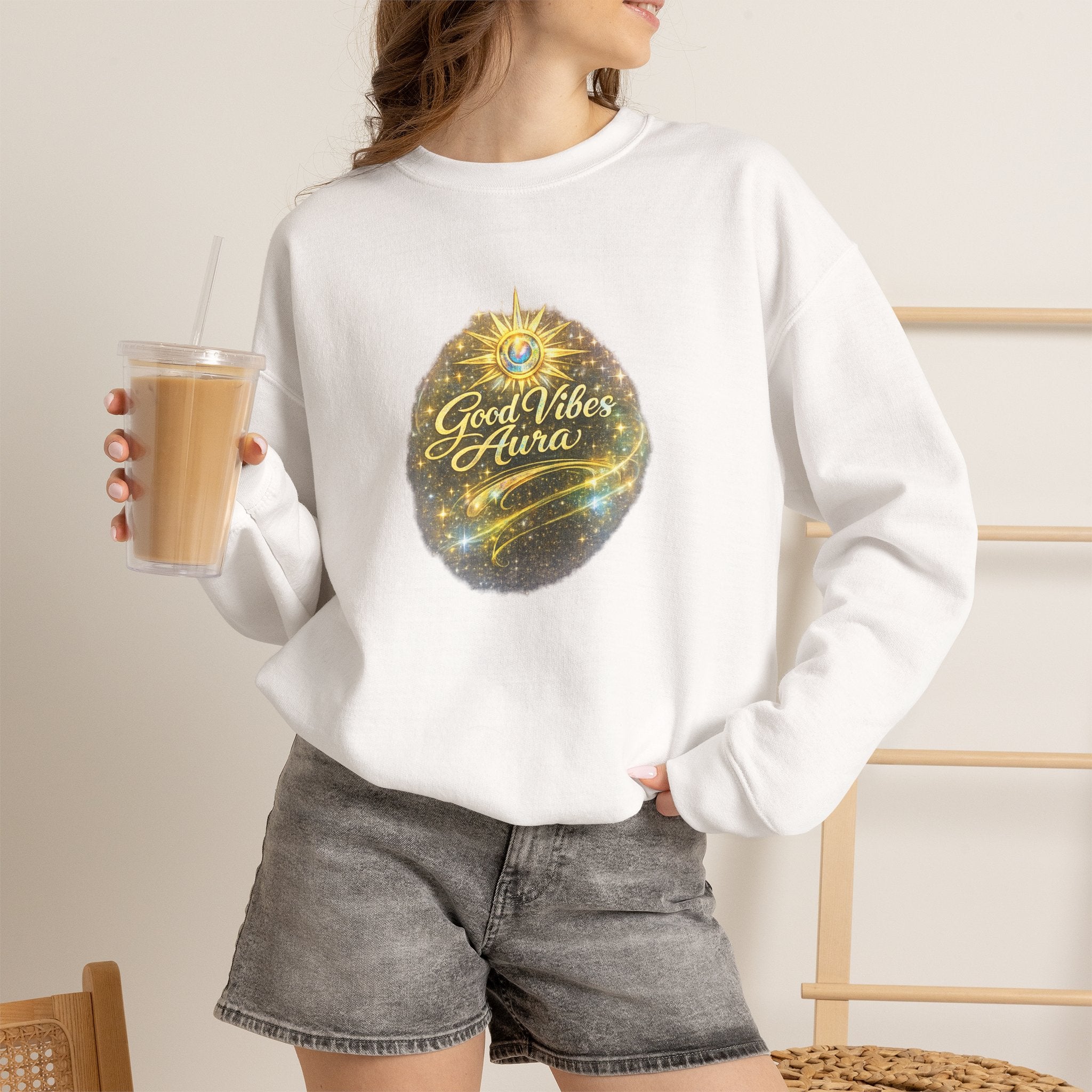 Crewneck Sweatshirt - 'Good Vibe Aura' Mystical Galaxy Graphic, Positive Vibes Cozy Pullover - AURA BY RS ®
