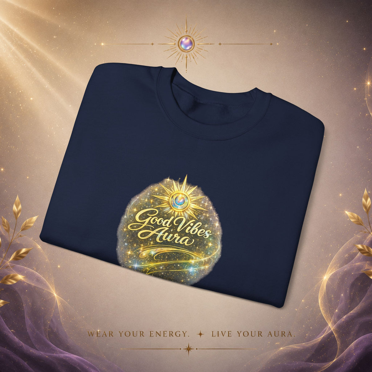 Crewneck Sweatshirt - 'Good Vibe Aura' Mystical Galaxy Graphic, Positive Vibes Cozy Pullover