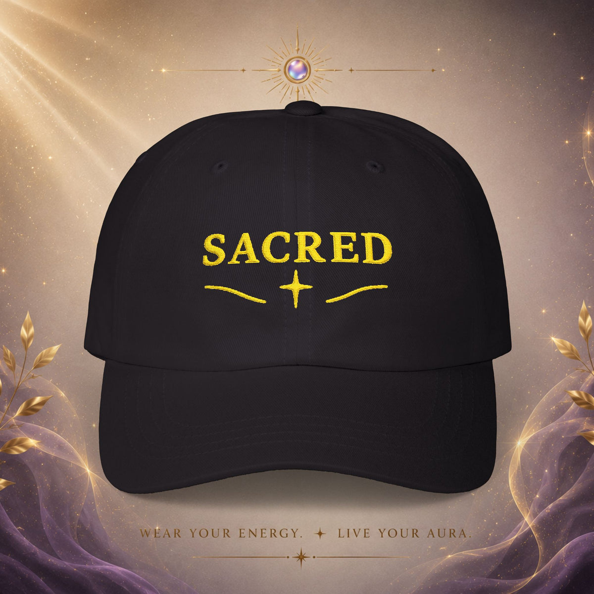 Sacred Embroidered  —  Adjustable Hat with Gold 'SACRED' Cross Accent