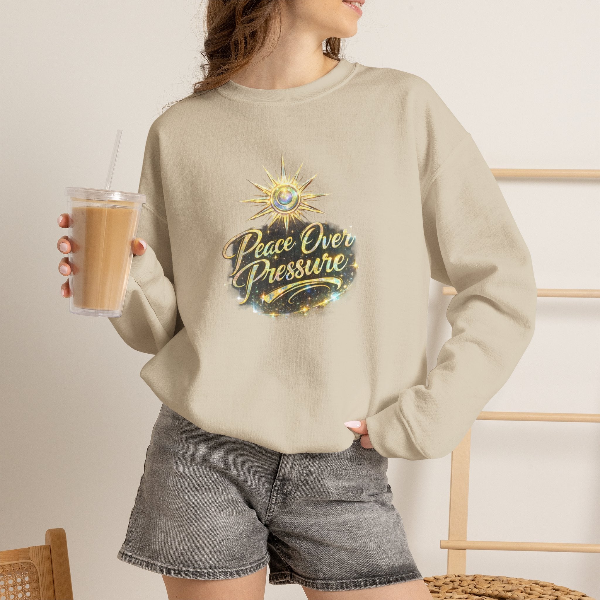Crewneck Sweatshirt - "Peace Over Pressure" Spiritual Vintage Sun Graphic