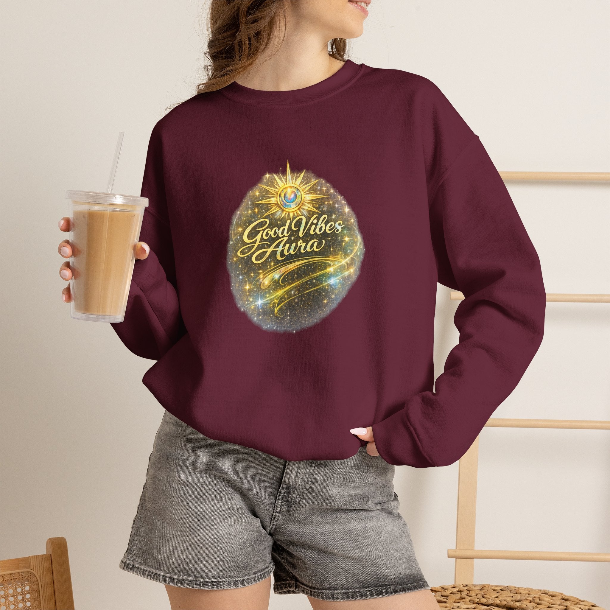 Crewneck Sweatshirt - 'Good Vibe Aura' Mystical Galaxy Graphic, Positive Vibes Cozy Pullover - AURA BY RS ®