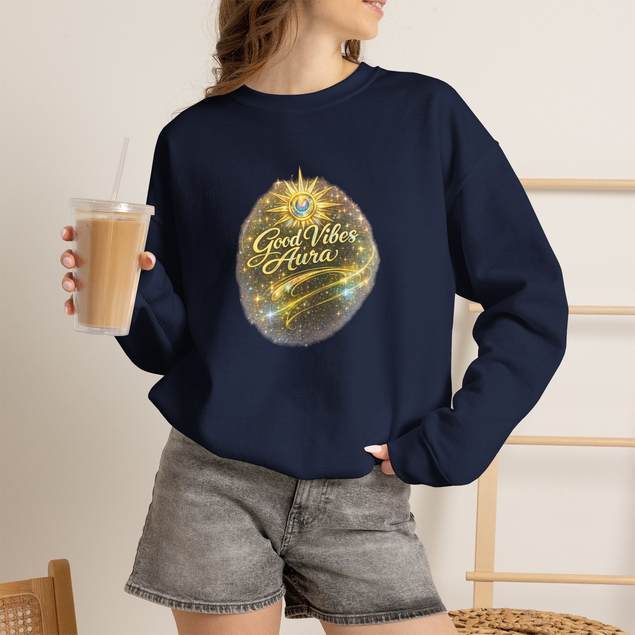 Crewneck Sweatshirt - 'Good Vibe Aura' Mystical Galaxy Graphic, Positive Vibes Cozy Pullover - AURA BY RS ®