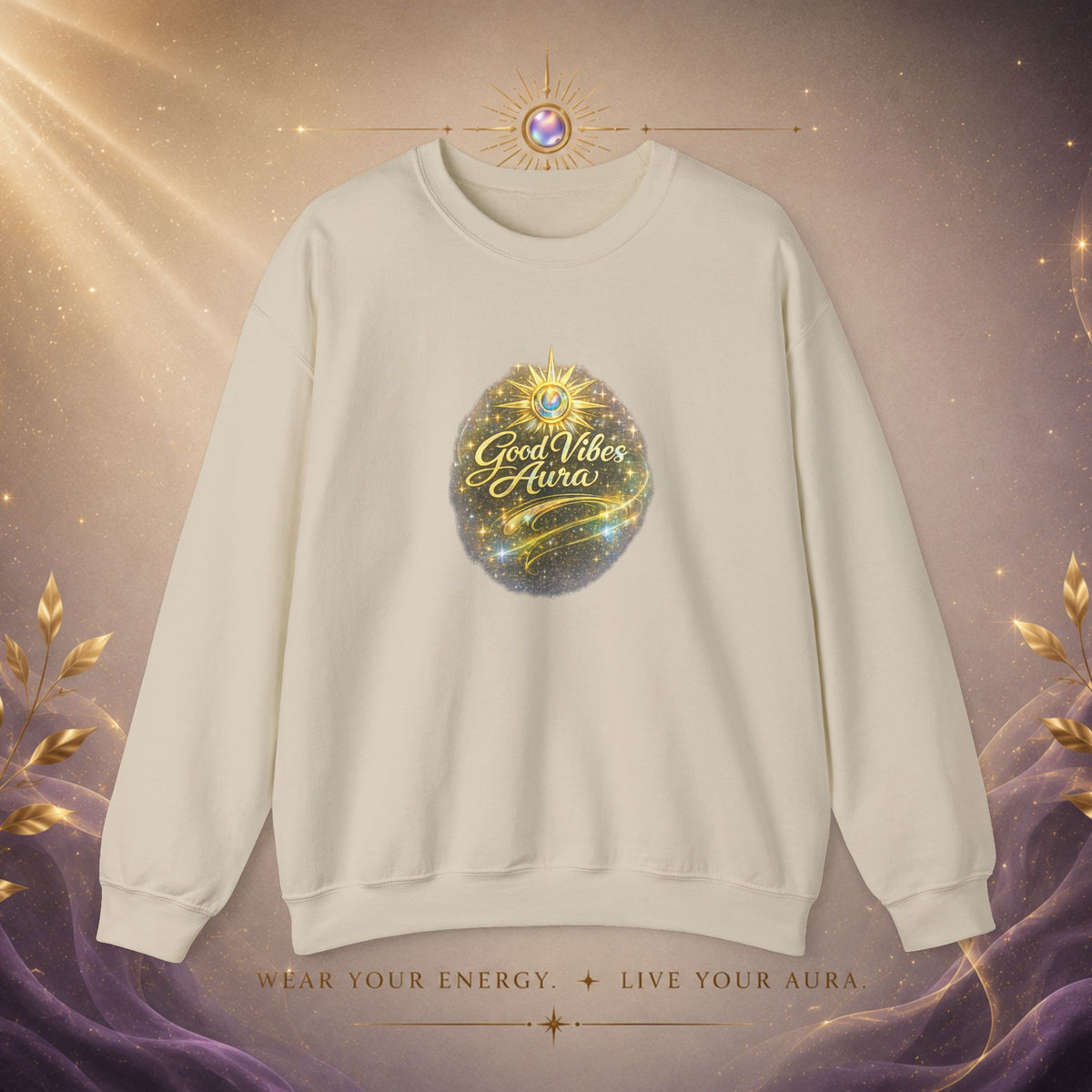 Crewneck Sweatshirt - 'Good Vibe Aura' Mystical Galaxy Graphic, Positive Vibes Cozy Pullover