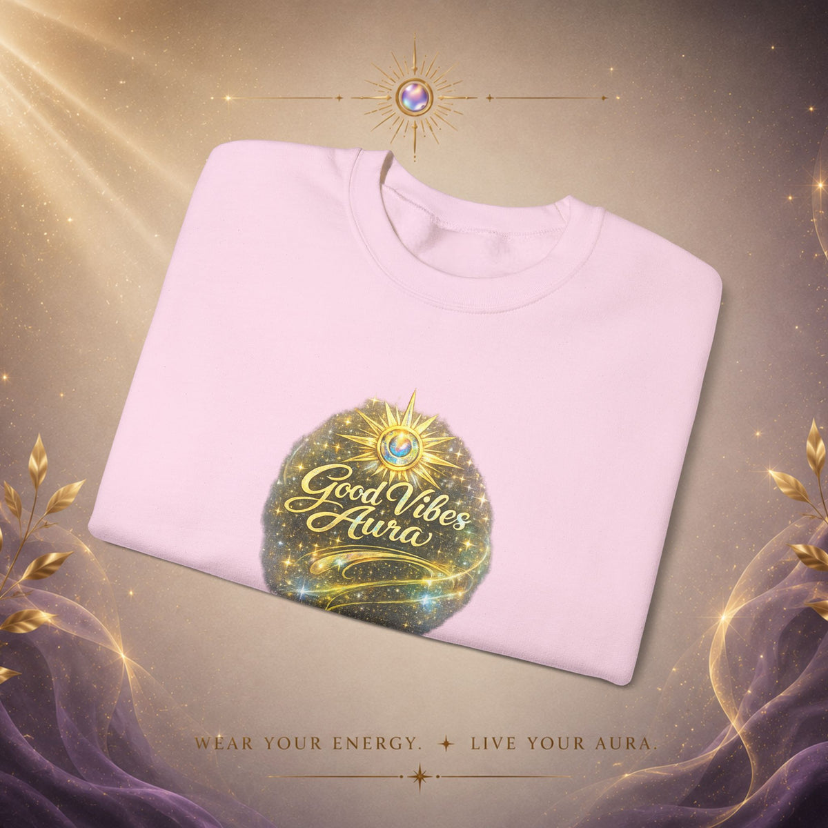 Crewneck Sweatshirt - 'Good Vibe Aura' Mystical Galaxy Graphic, Positive Vibes Cozy Pullover