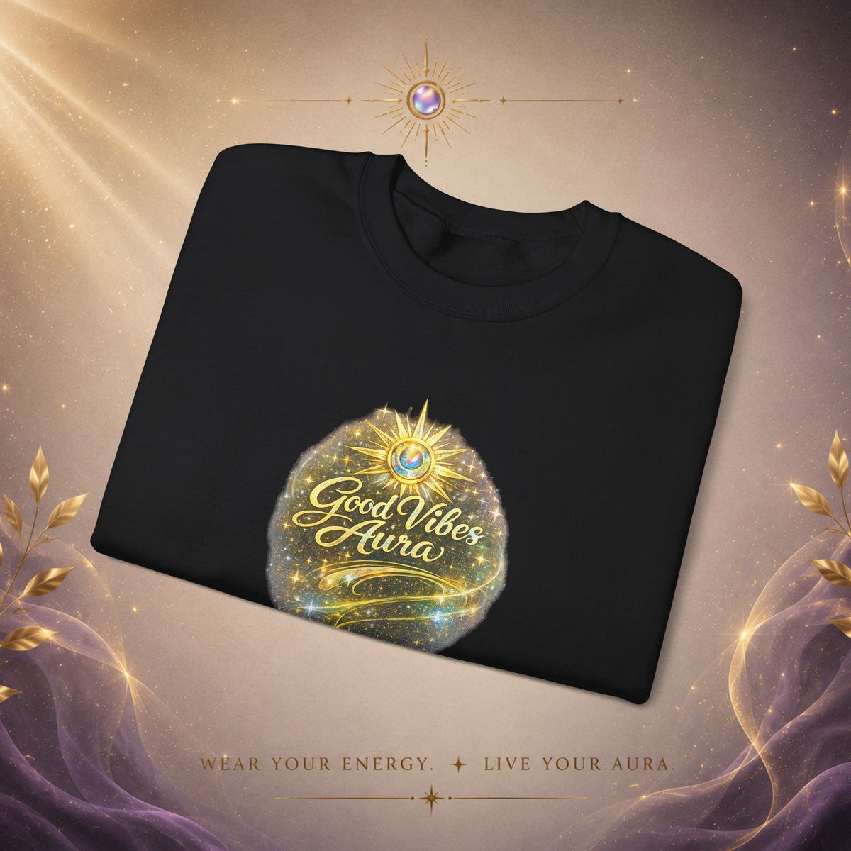 Crewneck Sweatshirt - 'Good Vibe Aura' Mystical Galaxy Graphic, Positive Vibes Cozy Pullover
