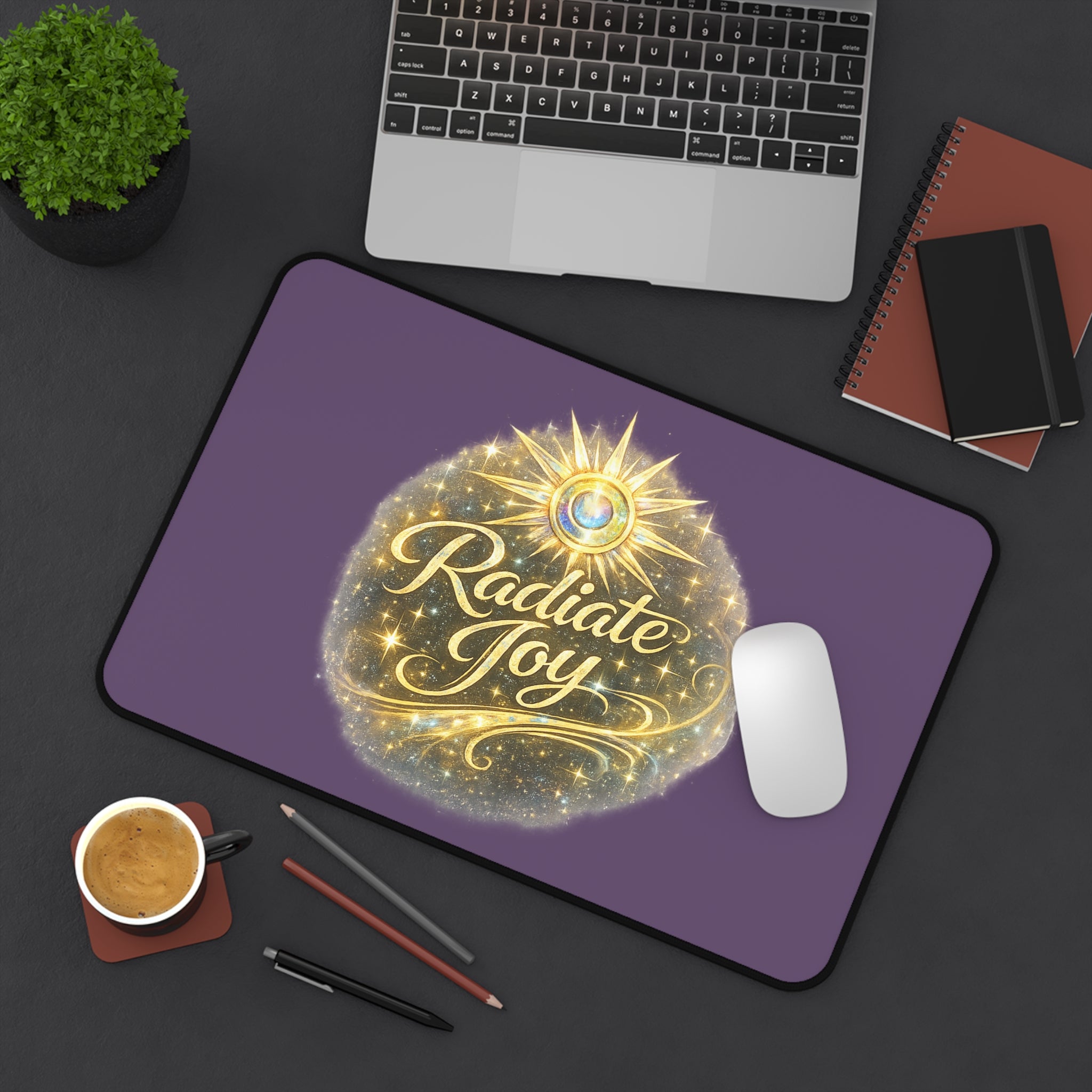 Radiate Joy Desk Mat — Inspirational Purple Mouse Pad with Golden Starburst Design - AURA BY RS ®