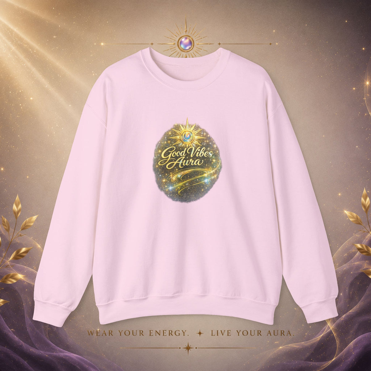 Crewneck Sweatshirt - 'Good Vibe Aura' Mystical Galaxy Graphic, Positive Vibes Cozy Pullover