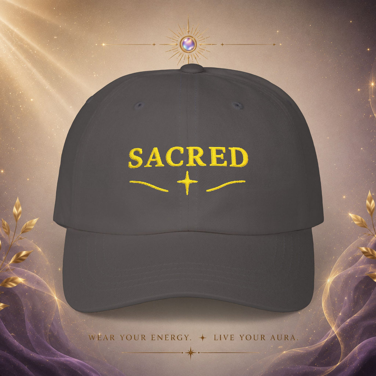 Sacred Embroidered  —  Adjustable Hat with Gold 'SACRED' Cross Accent