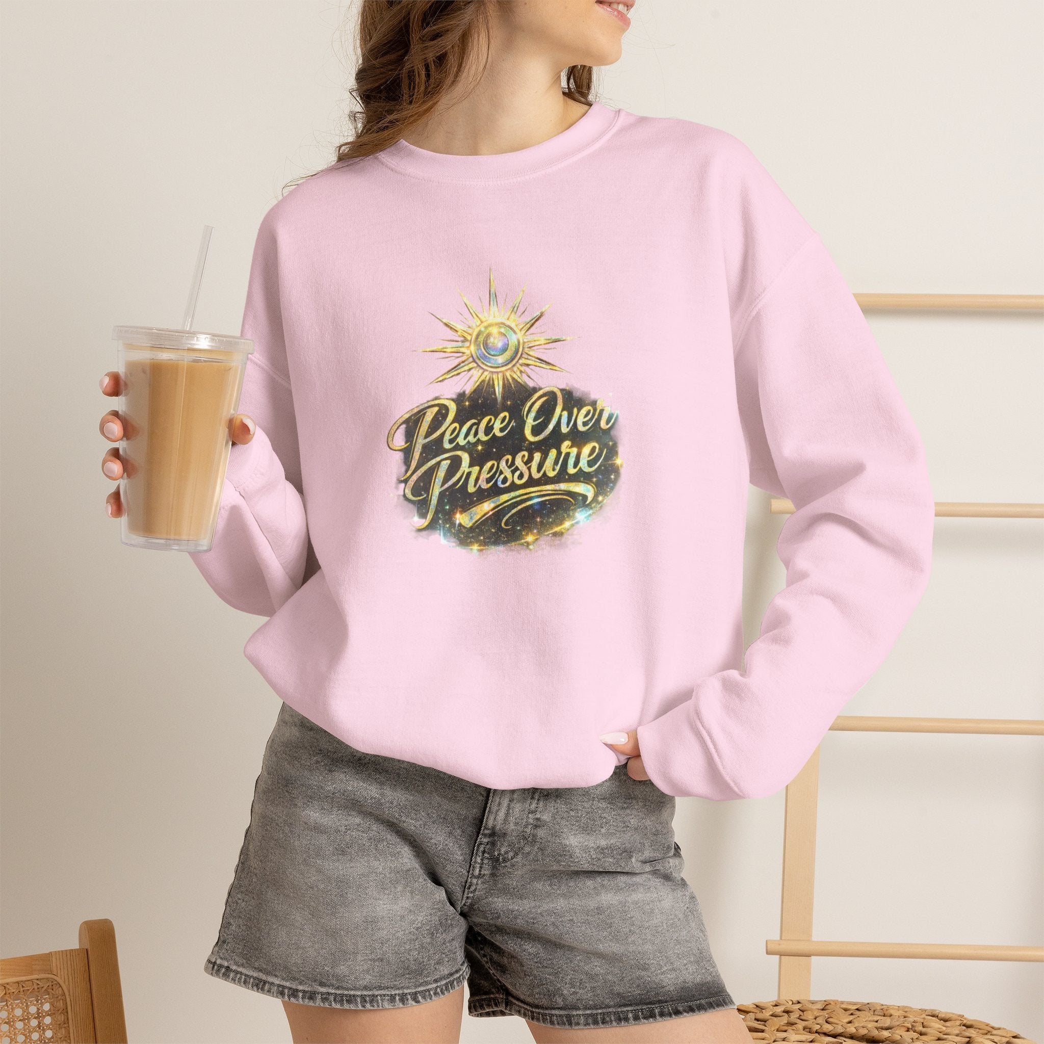Crewneck Sweatshirt - "Peace Over Pressure" Spiritual Vintage Sun Graphic - AURA BY RS ®