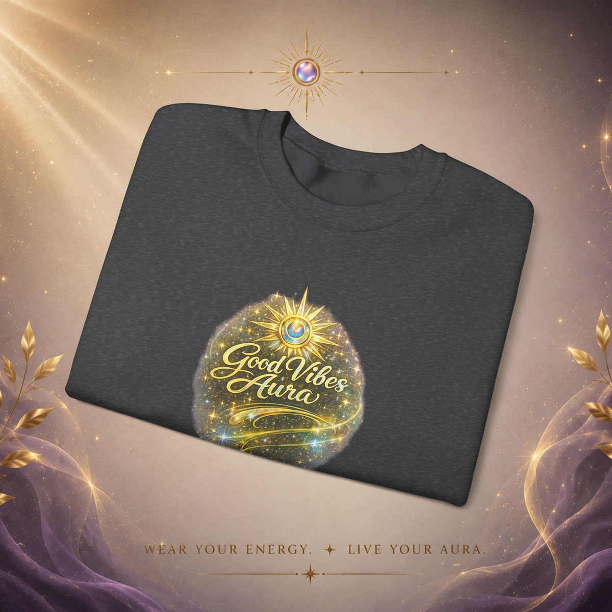 Crewneck Sweatshirt - 'Good Vibe Aura' Mystical Galaxy Graphic, Positive Vibes Cozy Pullover
