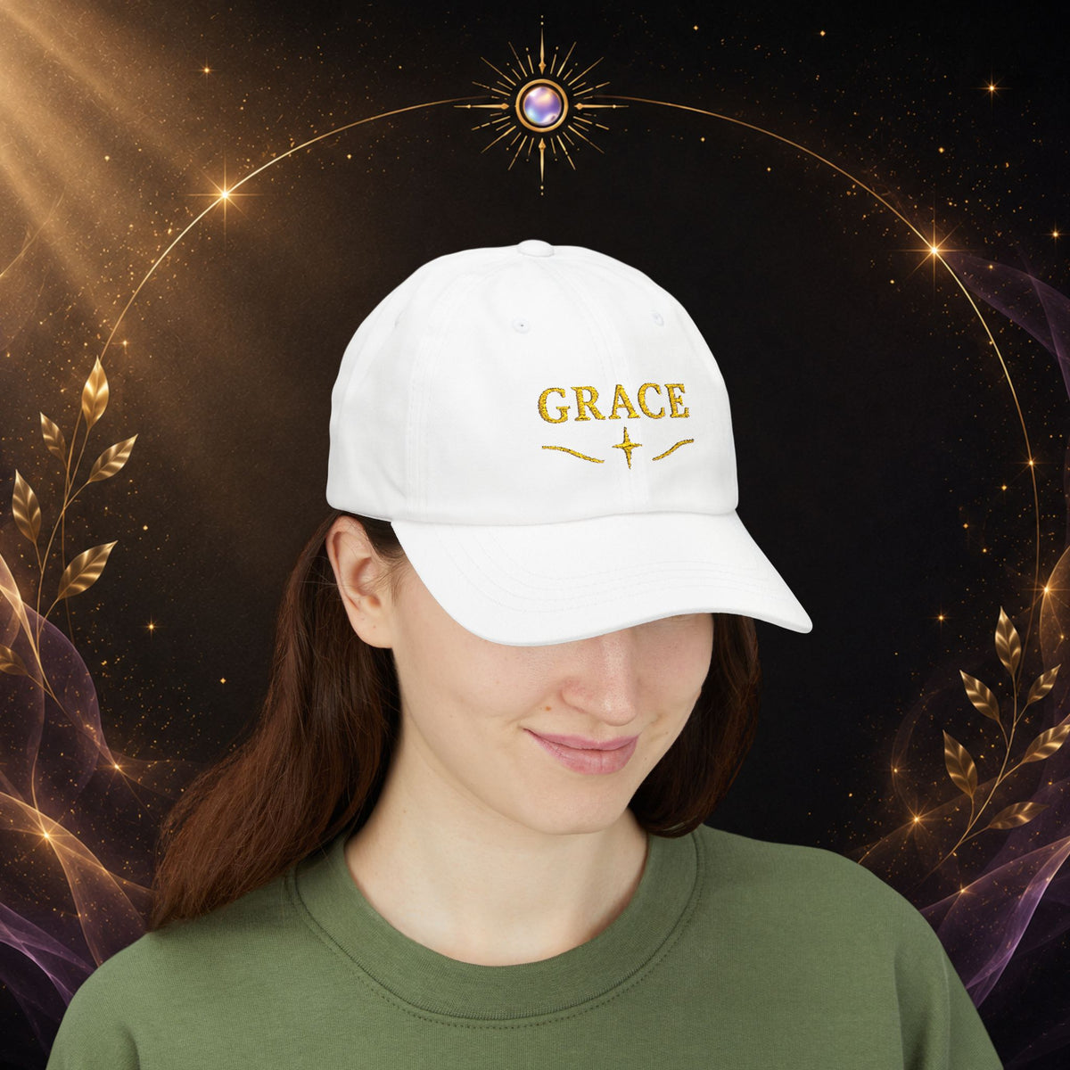 Grace Embroidered  —  Gold Script Baseball Hat