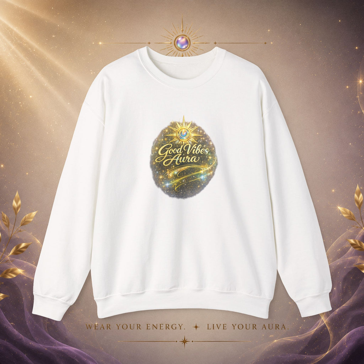 Crewneck Sweatshirt - 'Good Vibe Aura' Mystical Galaxy Graphic, Positive Vibes Cozy Pullover