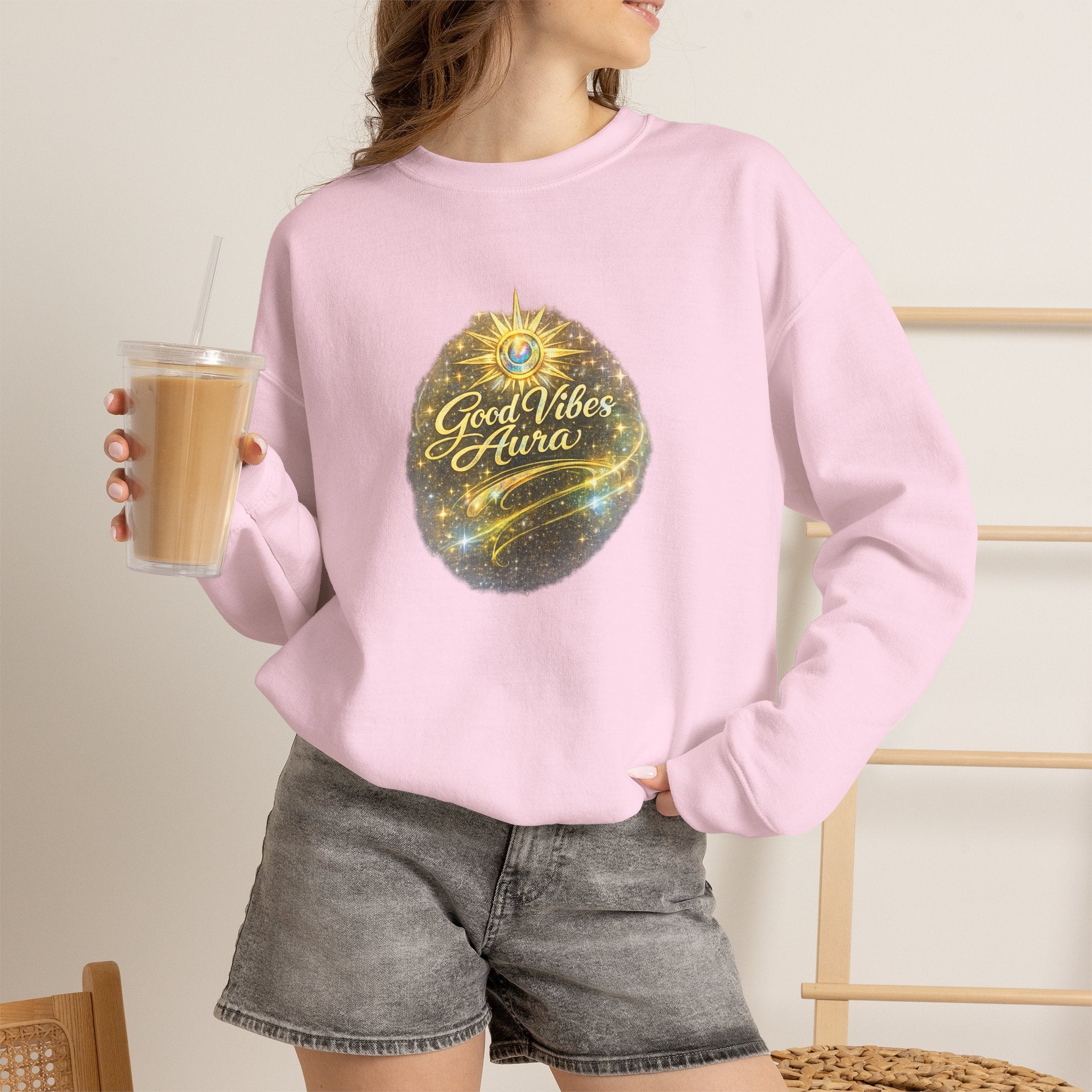 Crewneck Sweatshirt - 'Good Vibe Aura' Mystical Galaxy Graphic, Positive Vibes Cozy Pullover - AURA BY RS ®