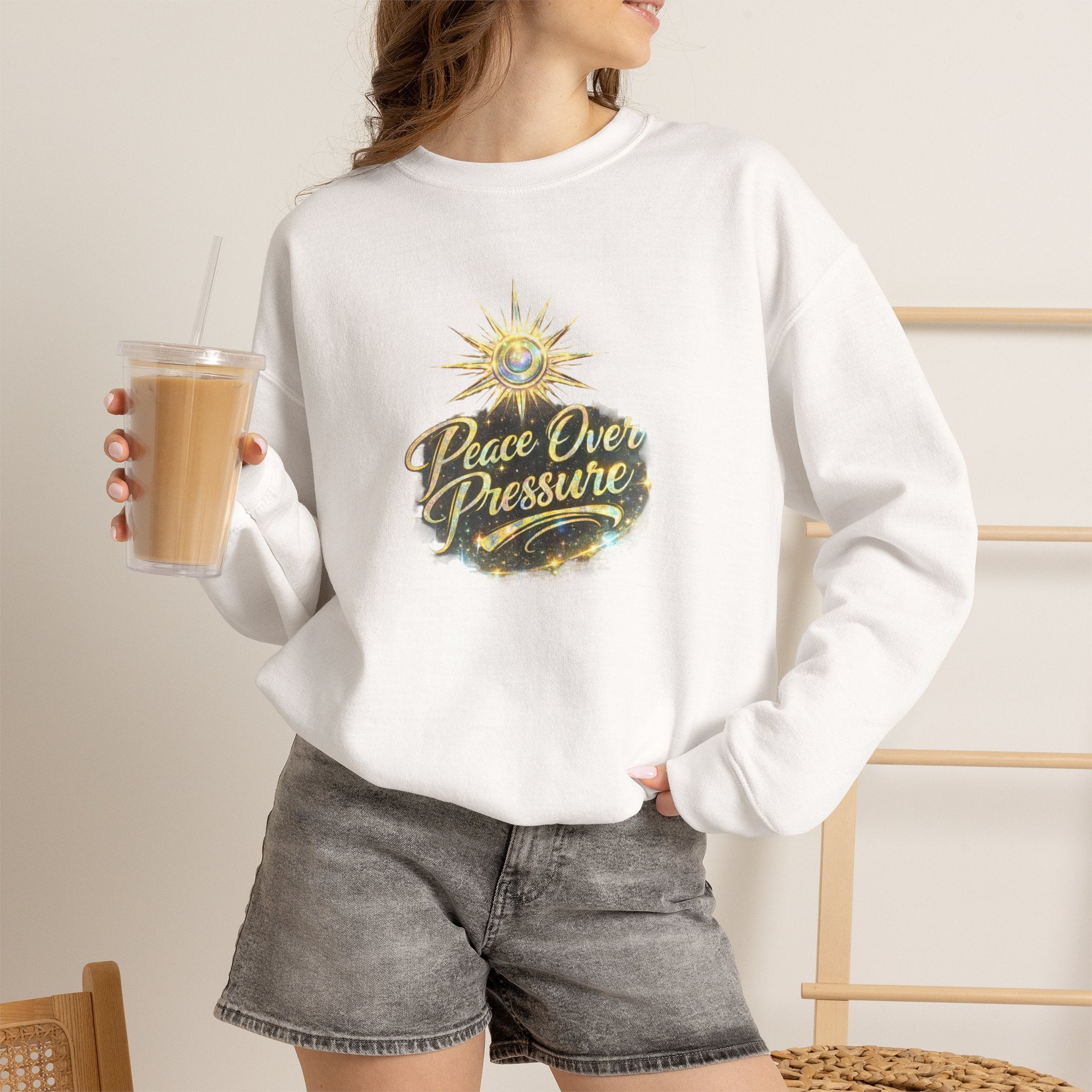 Crewneck Sweatshirt - "Peace Over Pressure" Spiritual Vintage Sun Graphic