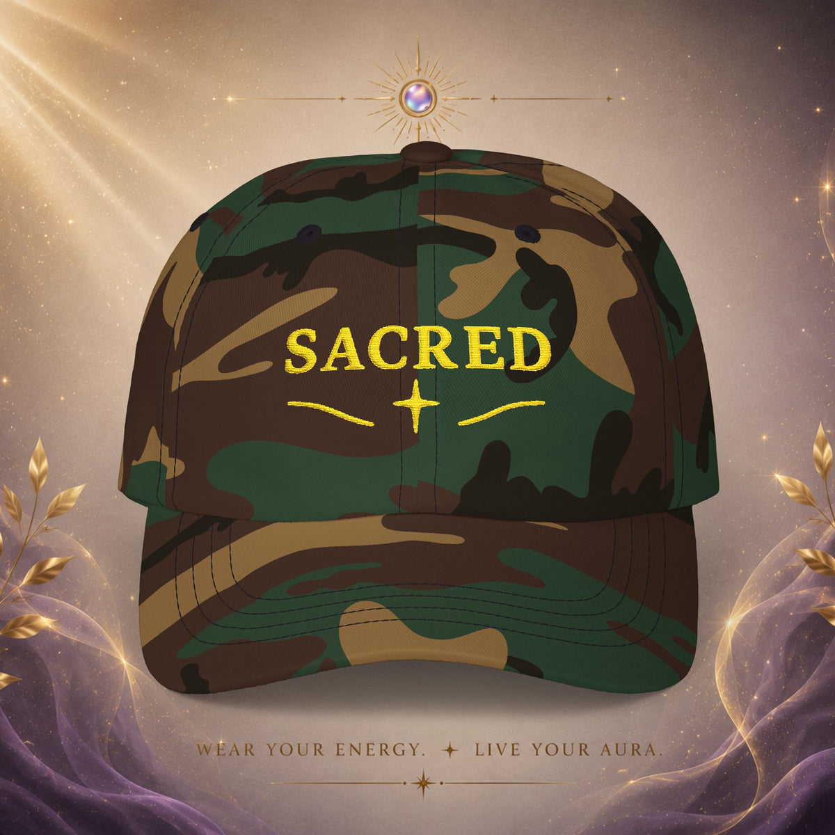 Sacred Embroidered  —  Adjustable Hat with Gold 'SACRED' Cross Accent