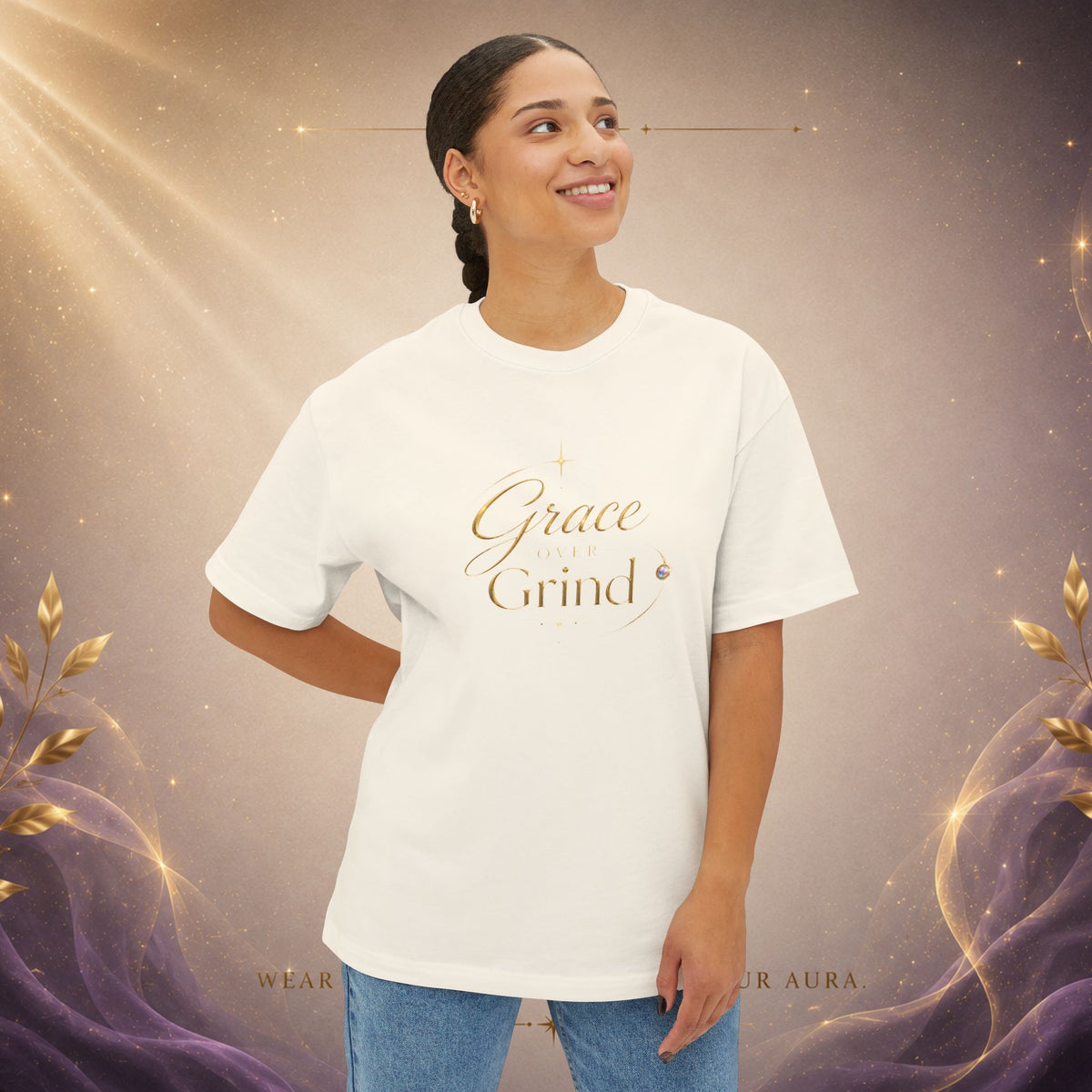 Grace Grind Graphic Tee — Feminine Gold Script Inspirational Shirt