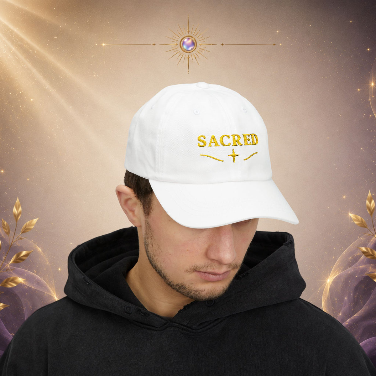 Sacred Embroidered  —  Adjustable Hat with Gold 'SACRED' Cross Accent