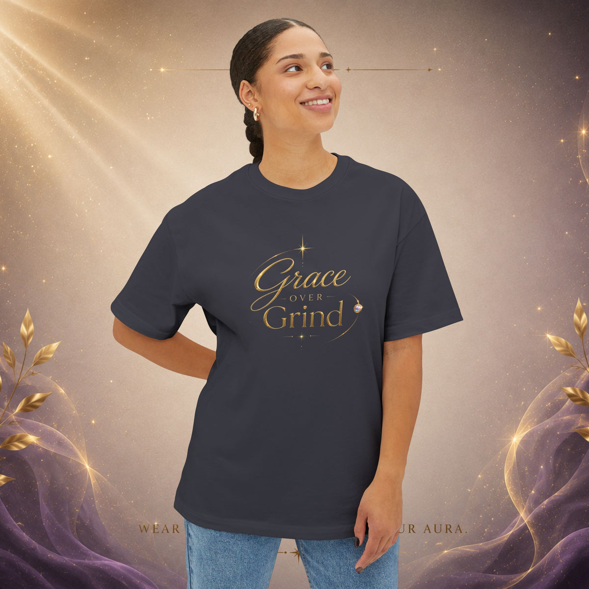 Grace Grind Graphic Tee — Feminine Gold Script Inspirational Shirt
