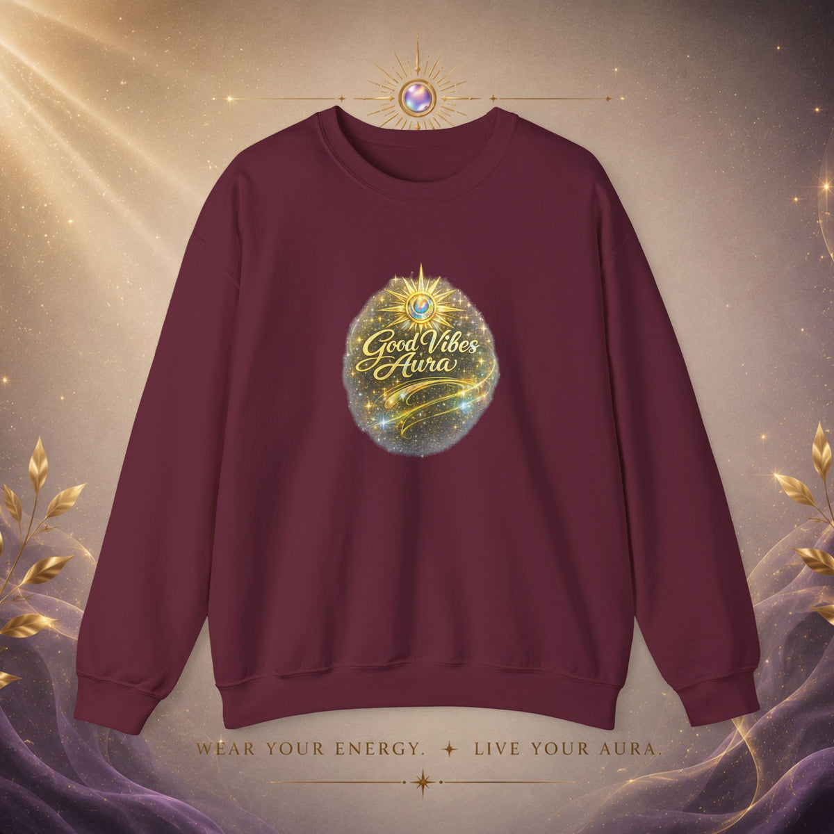 Crewneck Sweatshirt - 'Good Vibe Aura' Mystical Galaxy Graphic, Positive Vibes Cozy Pullover