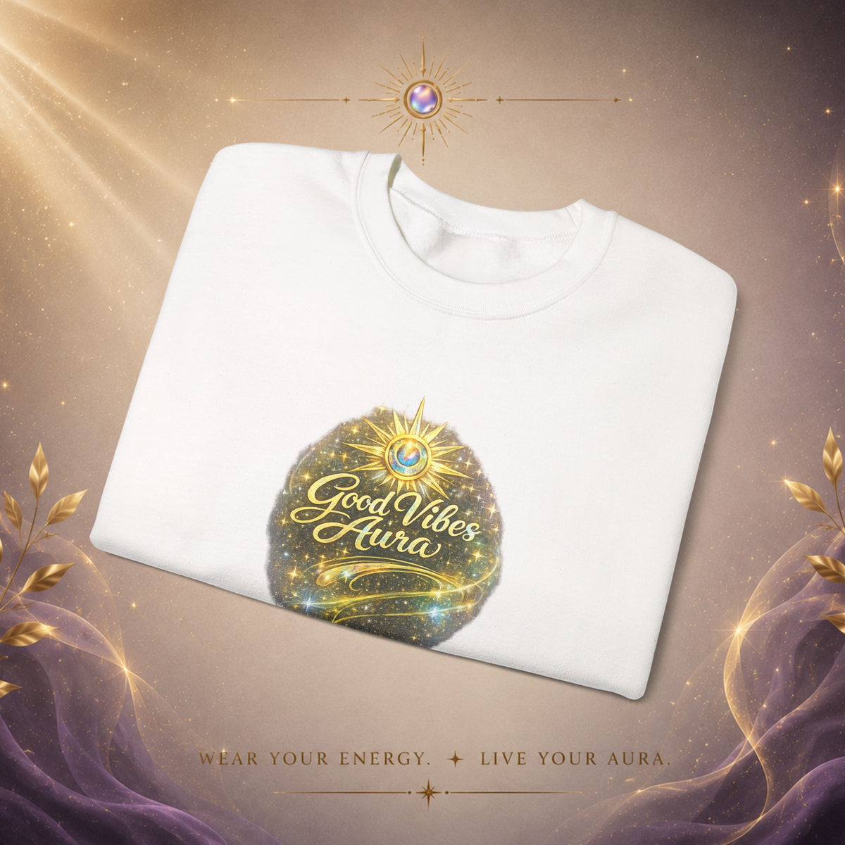 Crewneck Sweatshirt - 'Good Vibe Aura' Mystical Galaxy Graphic, Positive Vibes Cozy Pullover
