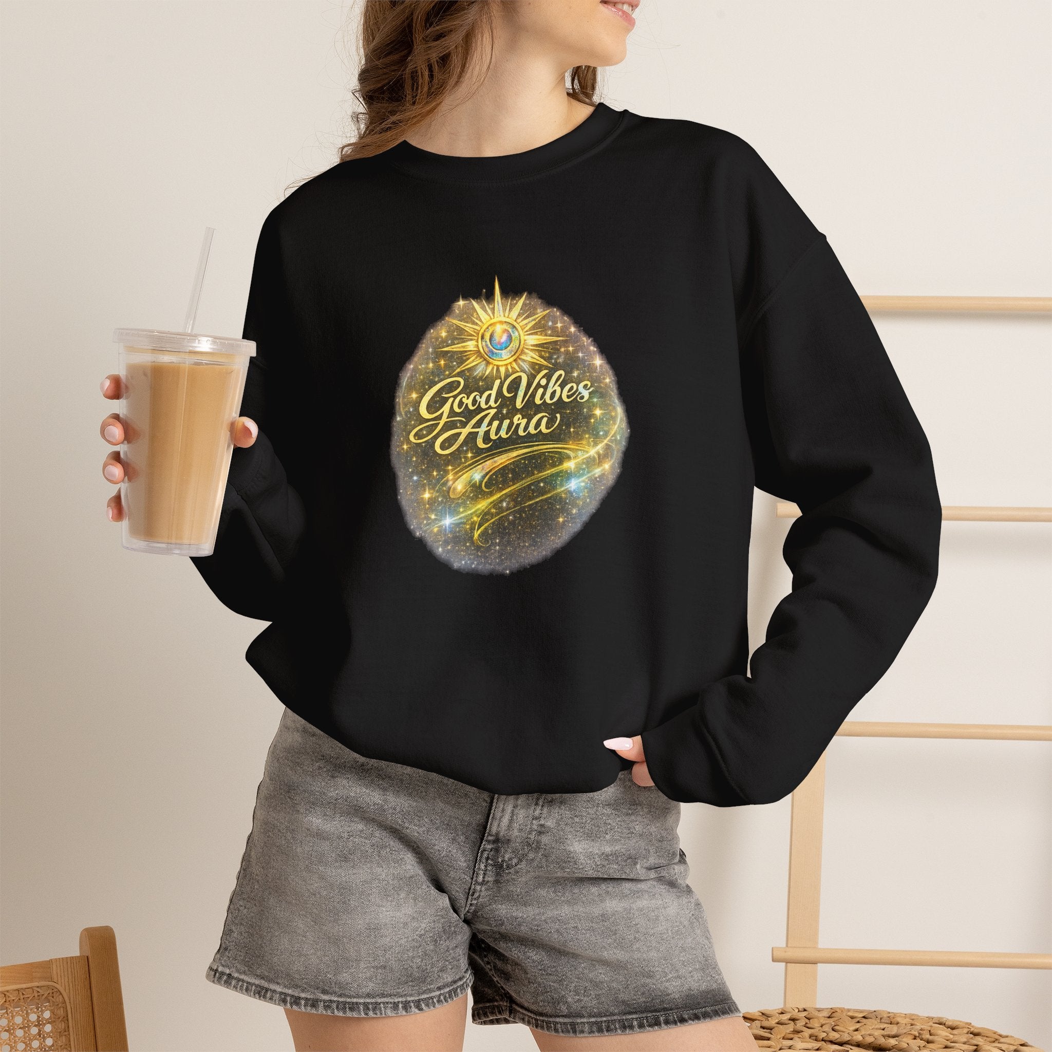 Crewneck Sweatshirt - 'Good Vibe Aura' Mystical Galaxy Graphic, Positive Vibes Cozy Pullover - AURA BY RS ®