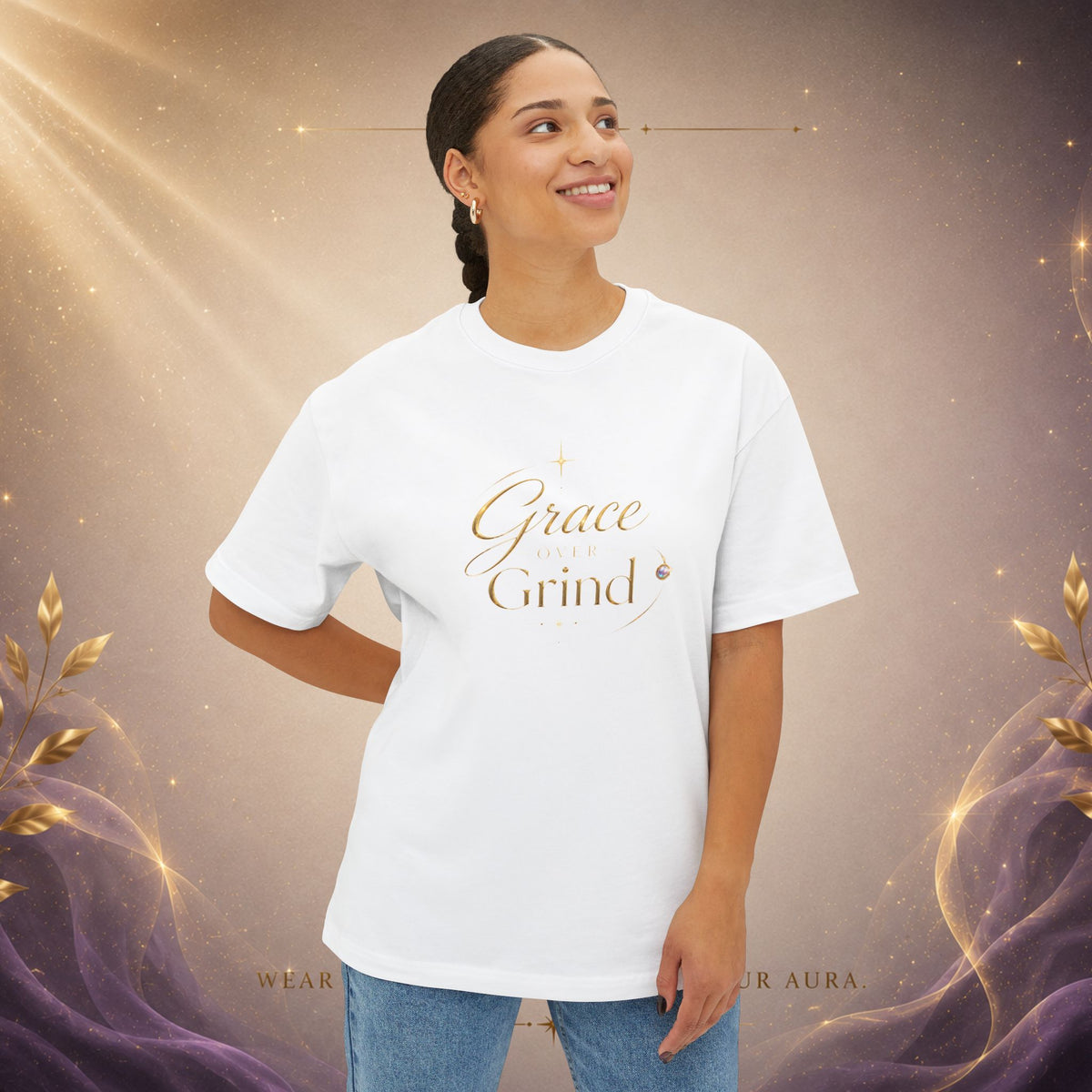 Grace Grind Graphic Tee — Feminine Gold Script Inspirational Shirt