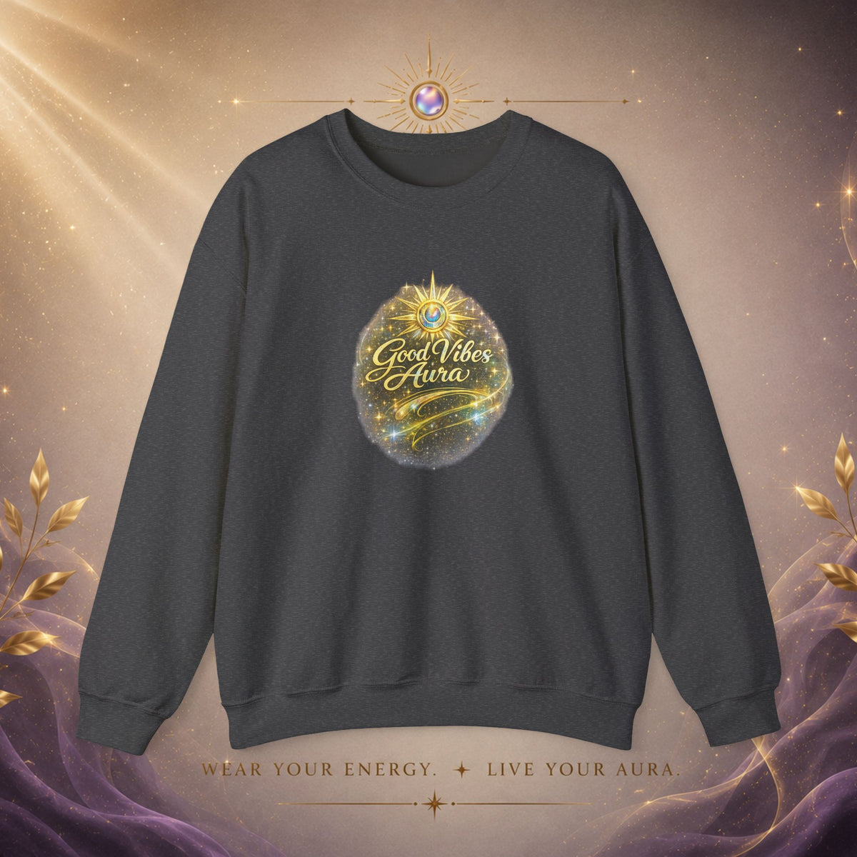 Crewneck Sweatshirt - 'Good Vibe Aura' Mystical Galaxy Graphic, Positive Vibes Cozy Pullover