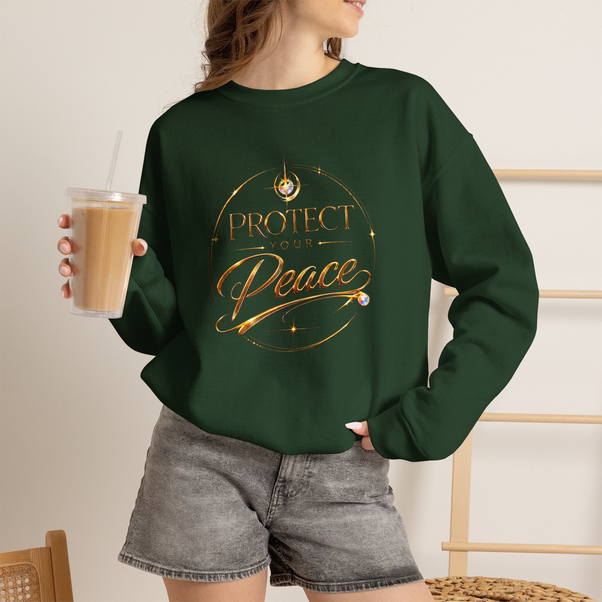 Crewneck Sweatshirt — "Protect Our Peace" Inspirational Graphic - AURA BY RS ®