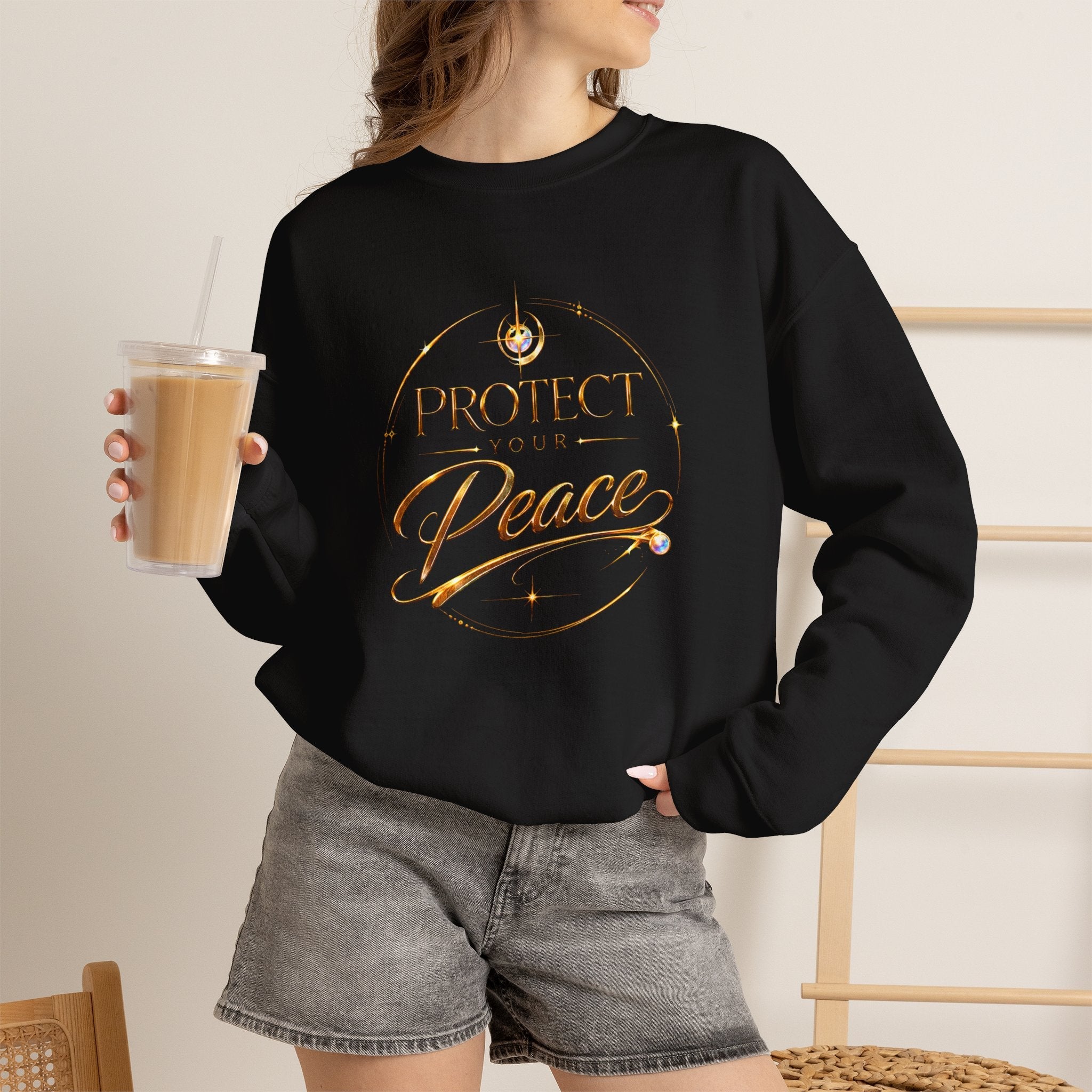 Crewneck Sweatshirt — "Protect Our Peace" Inspirational Graphic - AURA BY RS ®