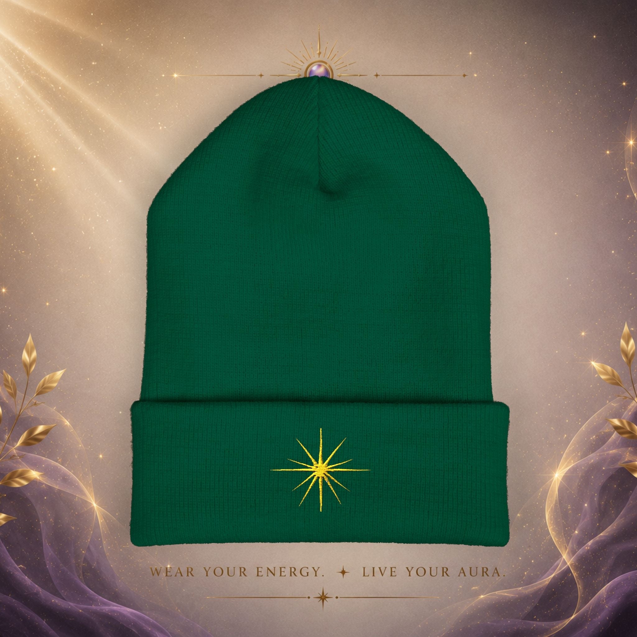 Embroidered Starburst Cuffed Beanie — Minimal Winter Knit Hat - AURA BY RS ®