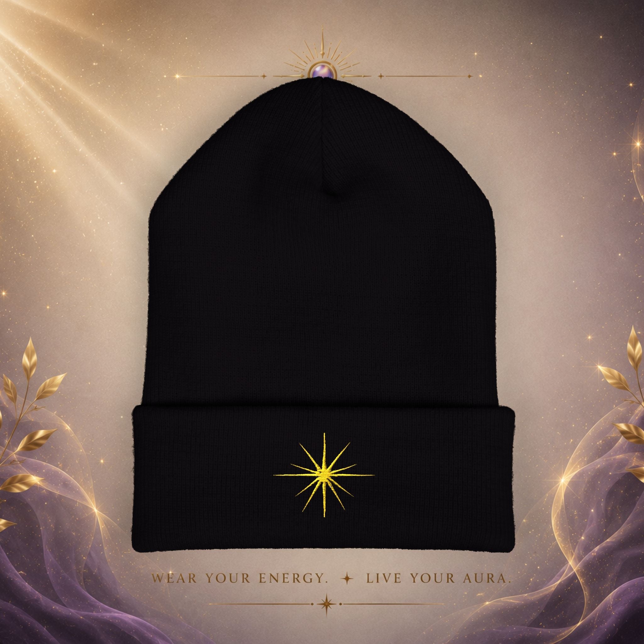 Embroidered Starburst Cuffed Beanie — Minimal Winter Knit Hat - AURA BY RS ®