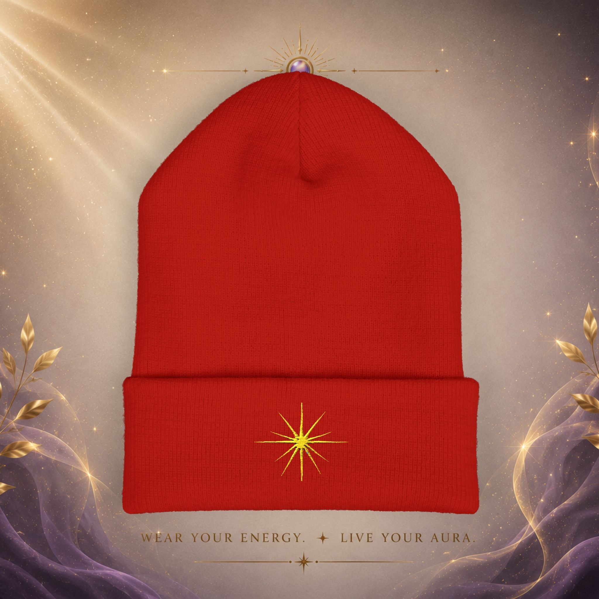 Embroidered Starburst Cuffed Beanie — Minimal Winter Knit Hat - AURA BY RS ®