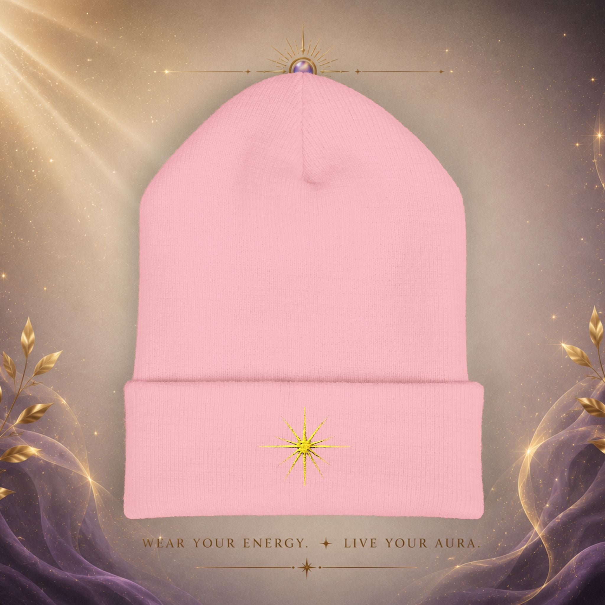 Embroidered Starburst Cuffed Beanie — Minimal Winter Knit Hat - AURA BY RS ®