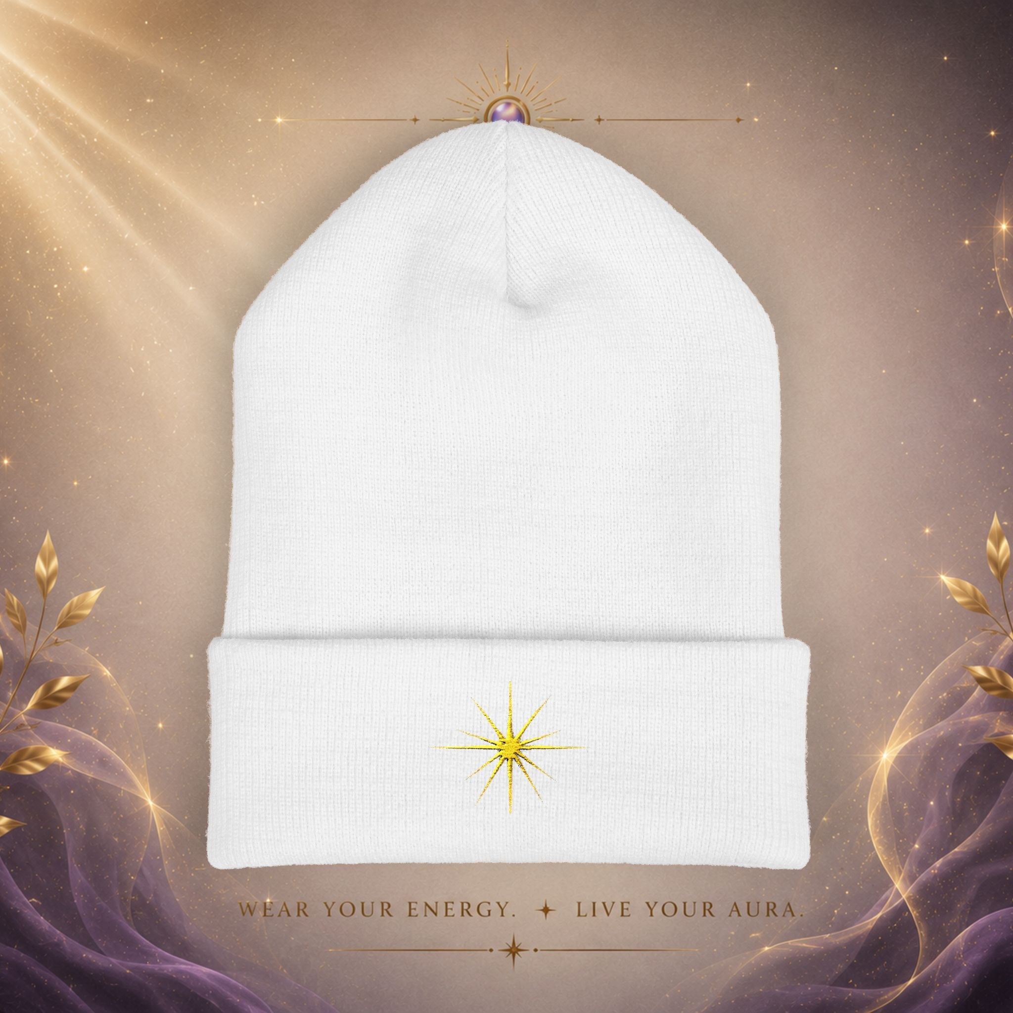 Embroidered Starburst Cuffed Beanie — Minimal Winter Knit Hat - AURA BY RS ®
