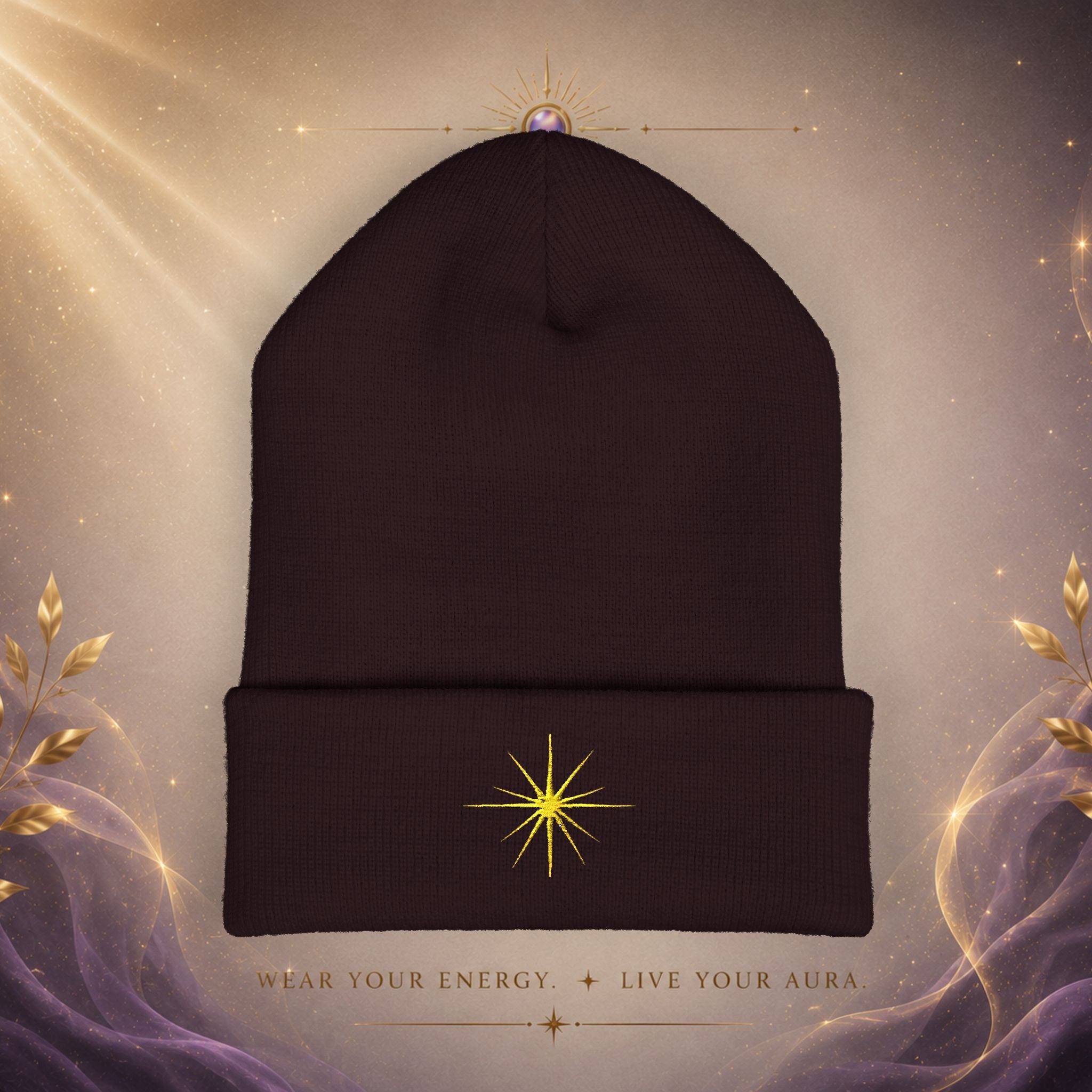 Embroidered Starburst Cuffed Beanie — Minimal Winter Knit Hat - AURA BY RS ®