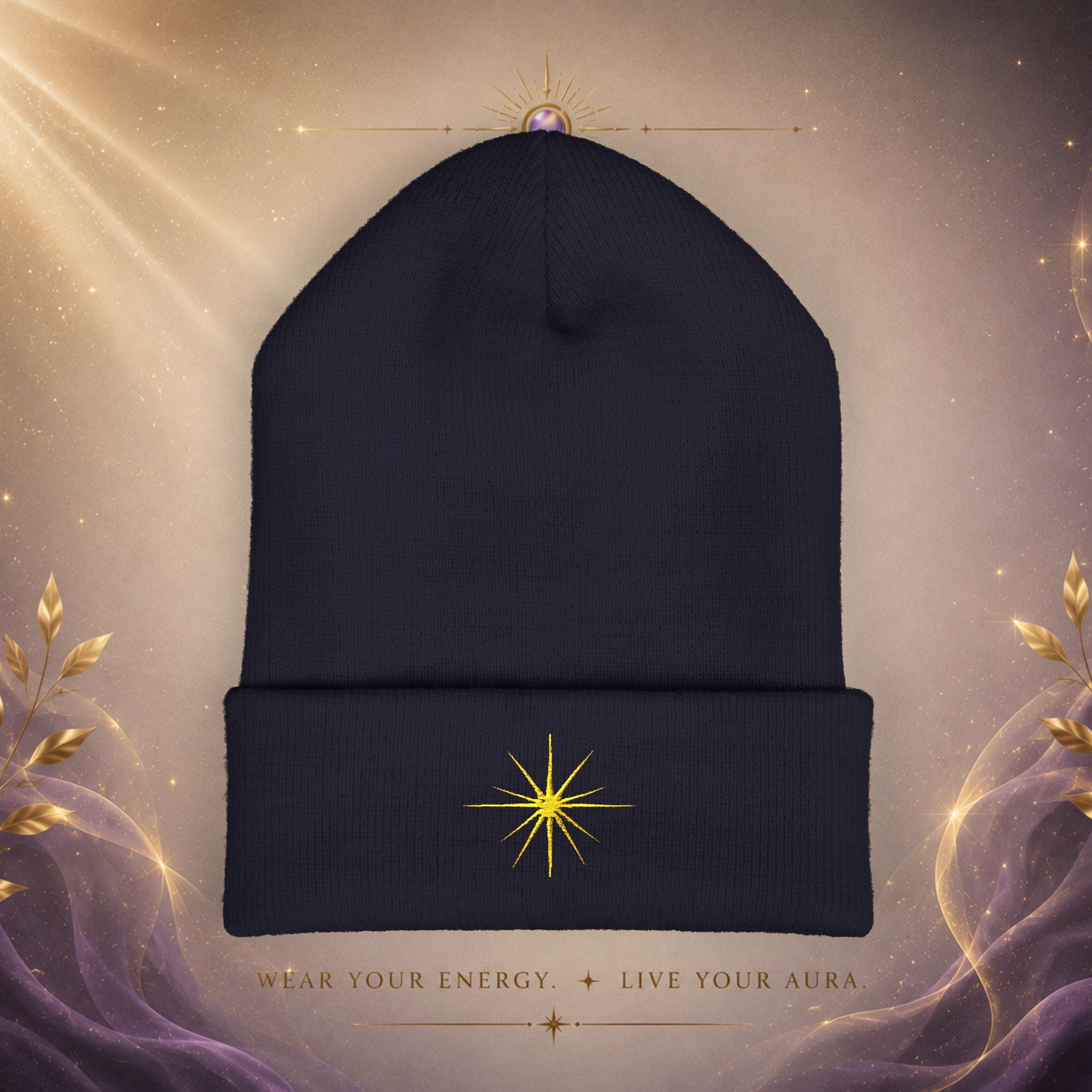 Embroidered Starburst Cuffed Beanie — Minimal Winter Knit Hat - AURA BY RS ®
