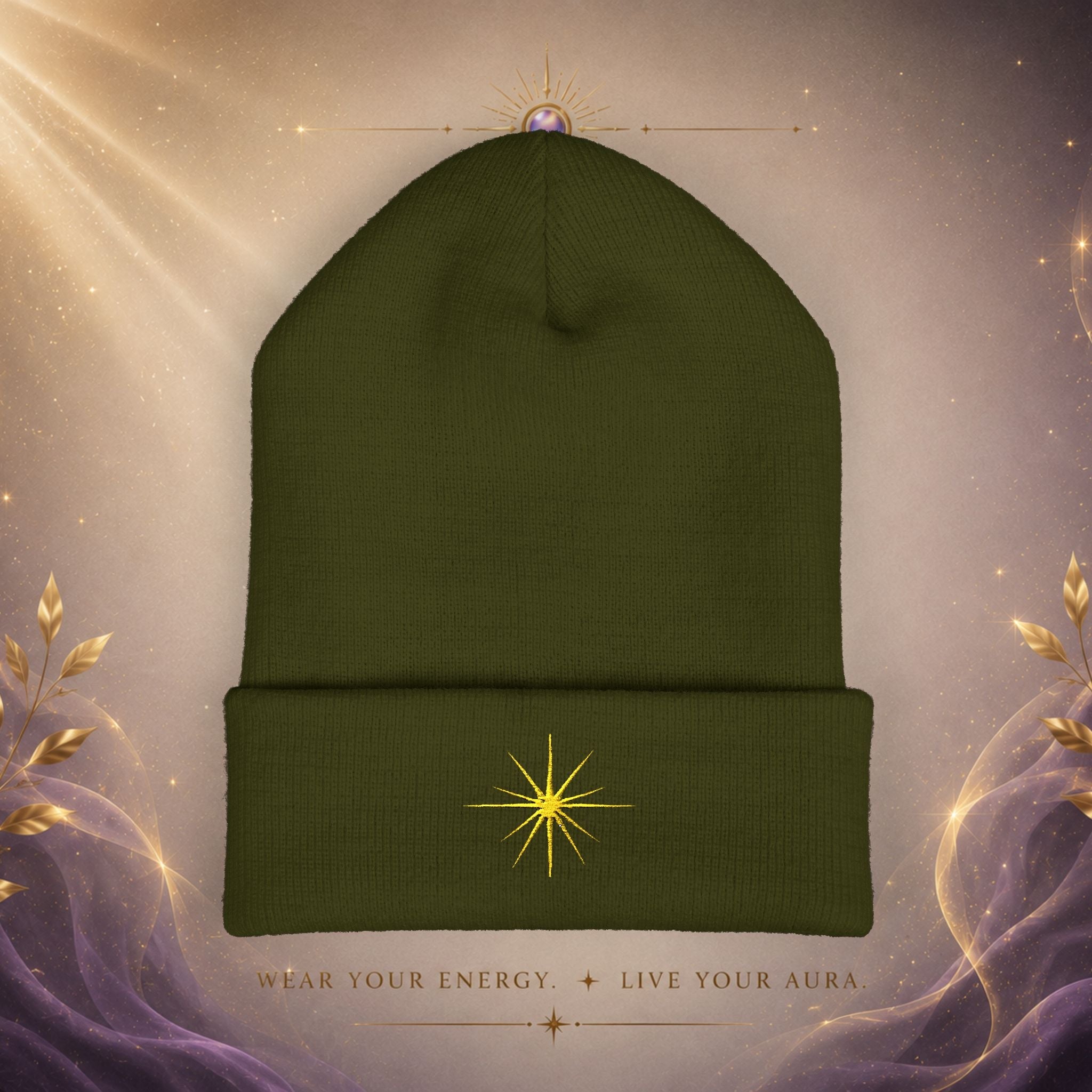 Embroidered Starburst Cuffed Beanie — Minimal Winter Knit Hat - AURA BY RS ®
