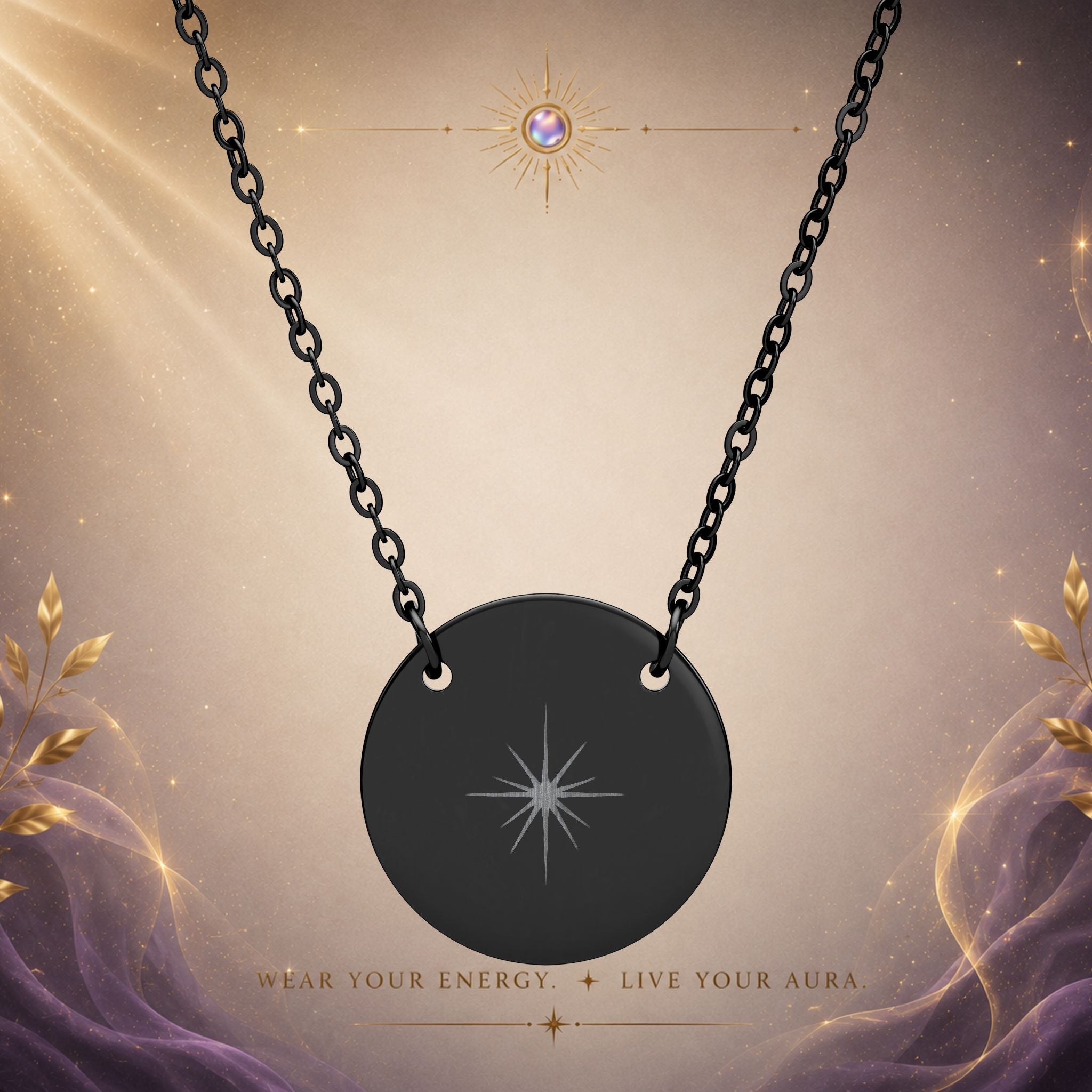 Engraved Circle Necklace — Surgical Stainless Steel Aura Burst Pendant - AURA BY RS ®