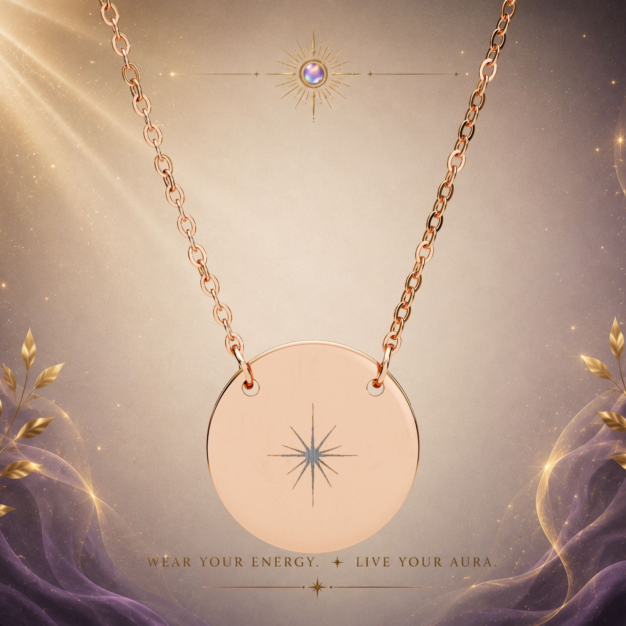 Engraved Circle Necklace — Surgical Stainless Steel Aura Burst Pendant - AURA BY RS ®
