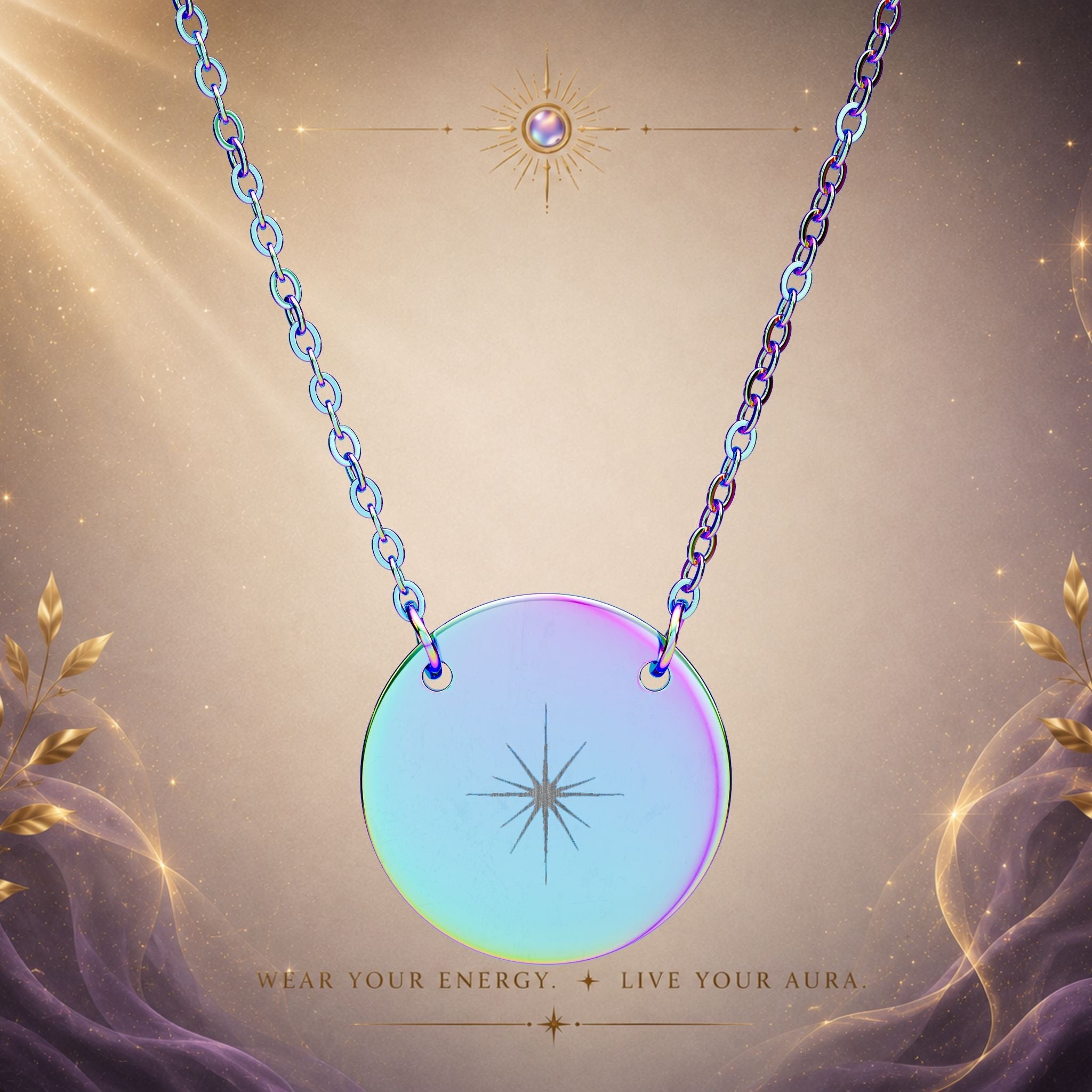 Engraved Circle Necklace — Surgical Stainless Steel Aura Burst Pendant - AURA BY RS ®