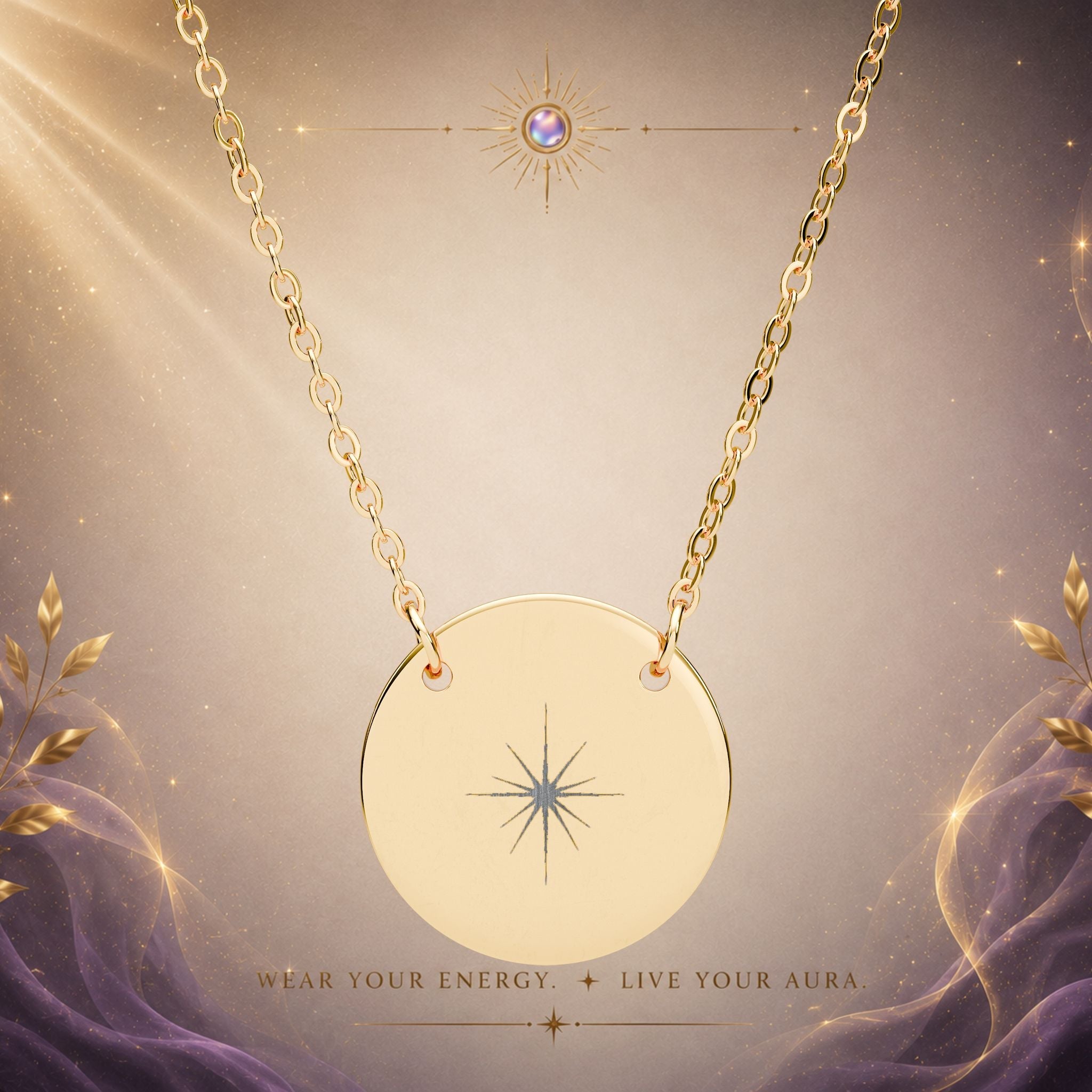Engraved Circle Necklace — Surgical Stainless Steel Aura Burst Pendant - AURA BY RS ®