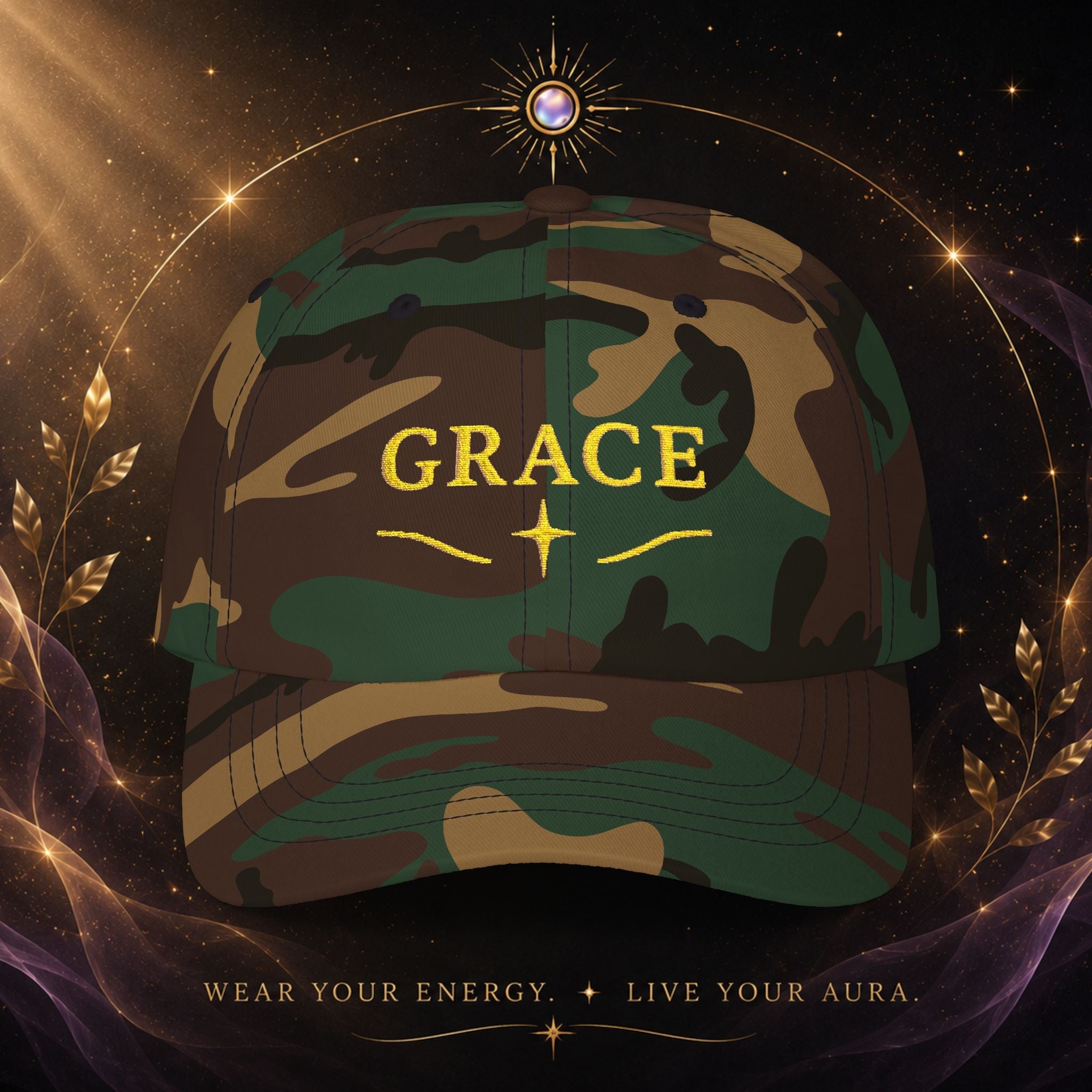 Grace Embroidered — Gold Script Baseball Hat - AURA BY RS ®