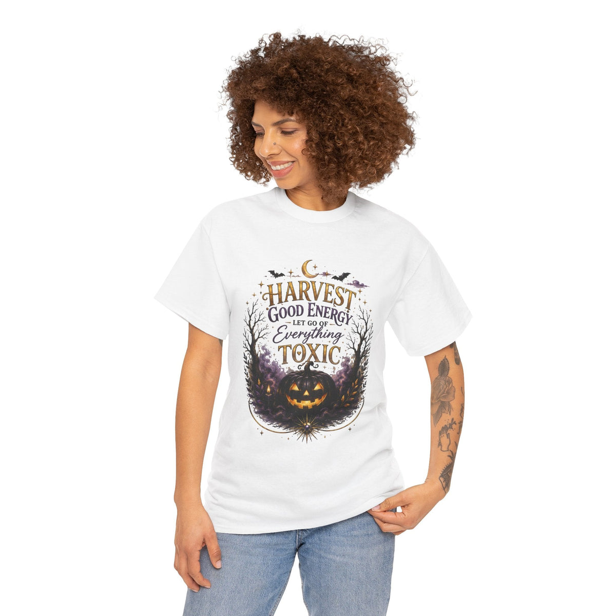 Halloween T‑Shirt — " Pumpkin Harvest Good Energy, Let Go of Everything Toxic" - AURA BY RS ®