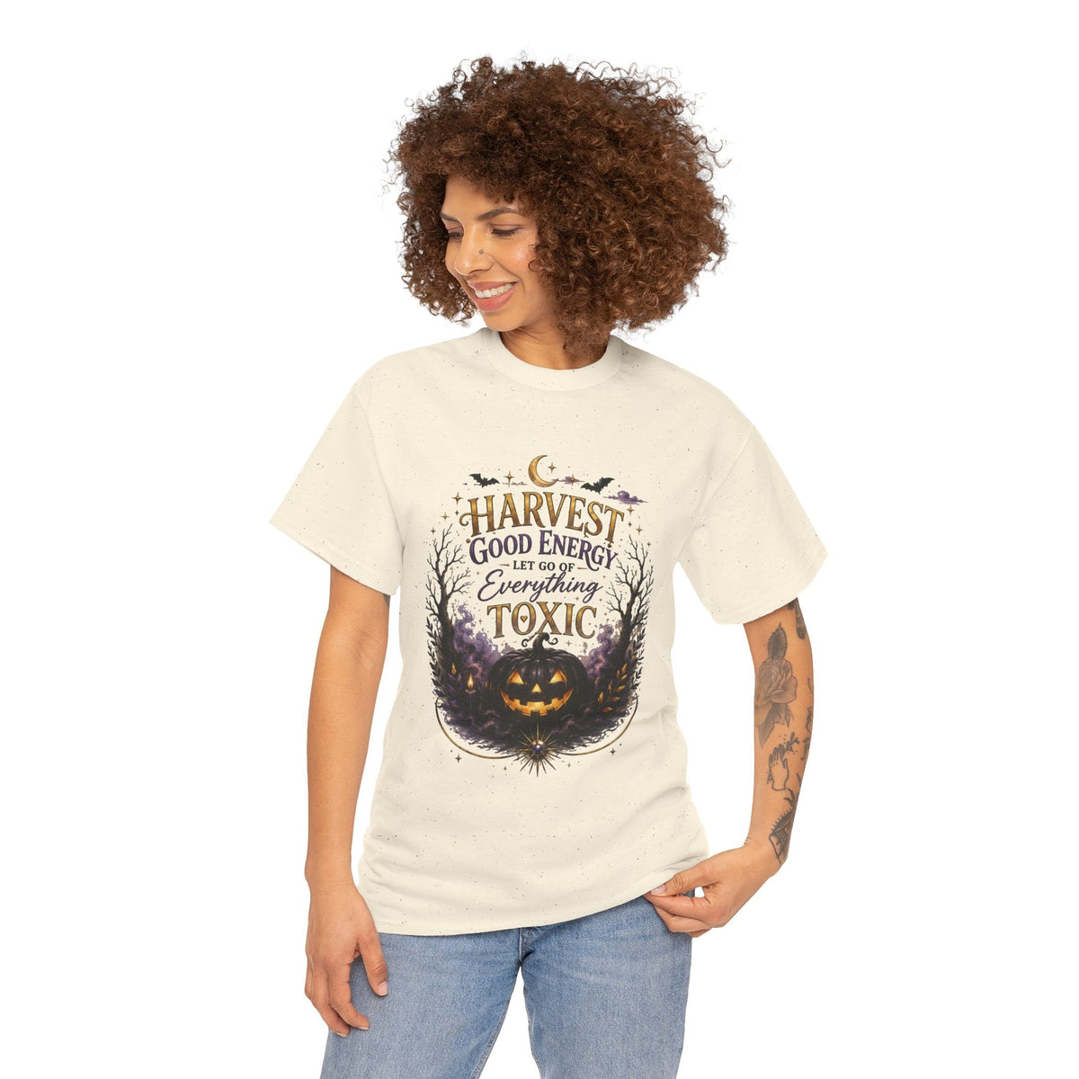 Halloween T‑Shirt — " Pumpkin Harvest Good Energy, Let Go of Everything Toxic" - AURA BY RS ®