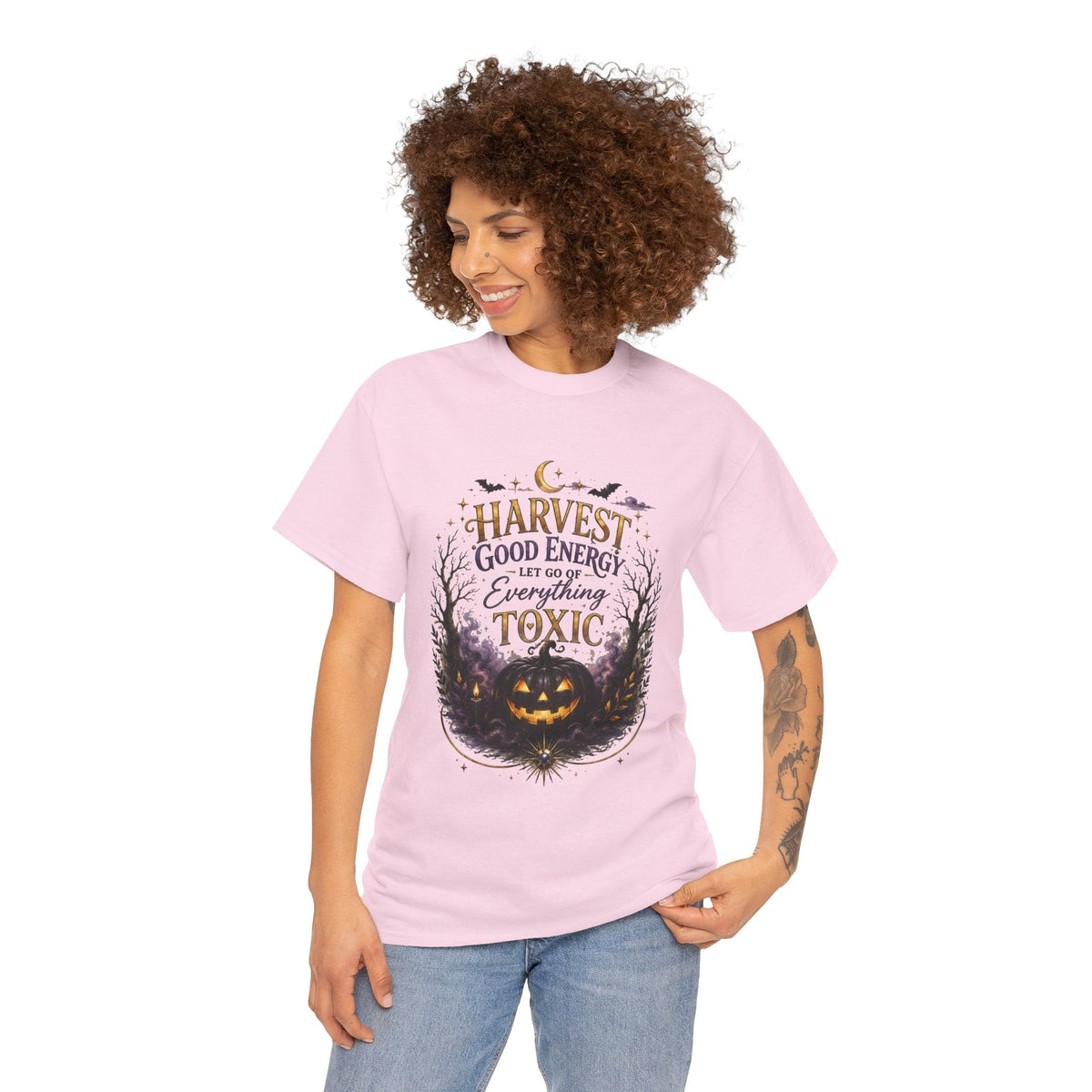 Halloween T‑Shirt — " Pumpkin Harvest Good Energy, Let Go of Everything Toxic" - AURA BY RS ®
